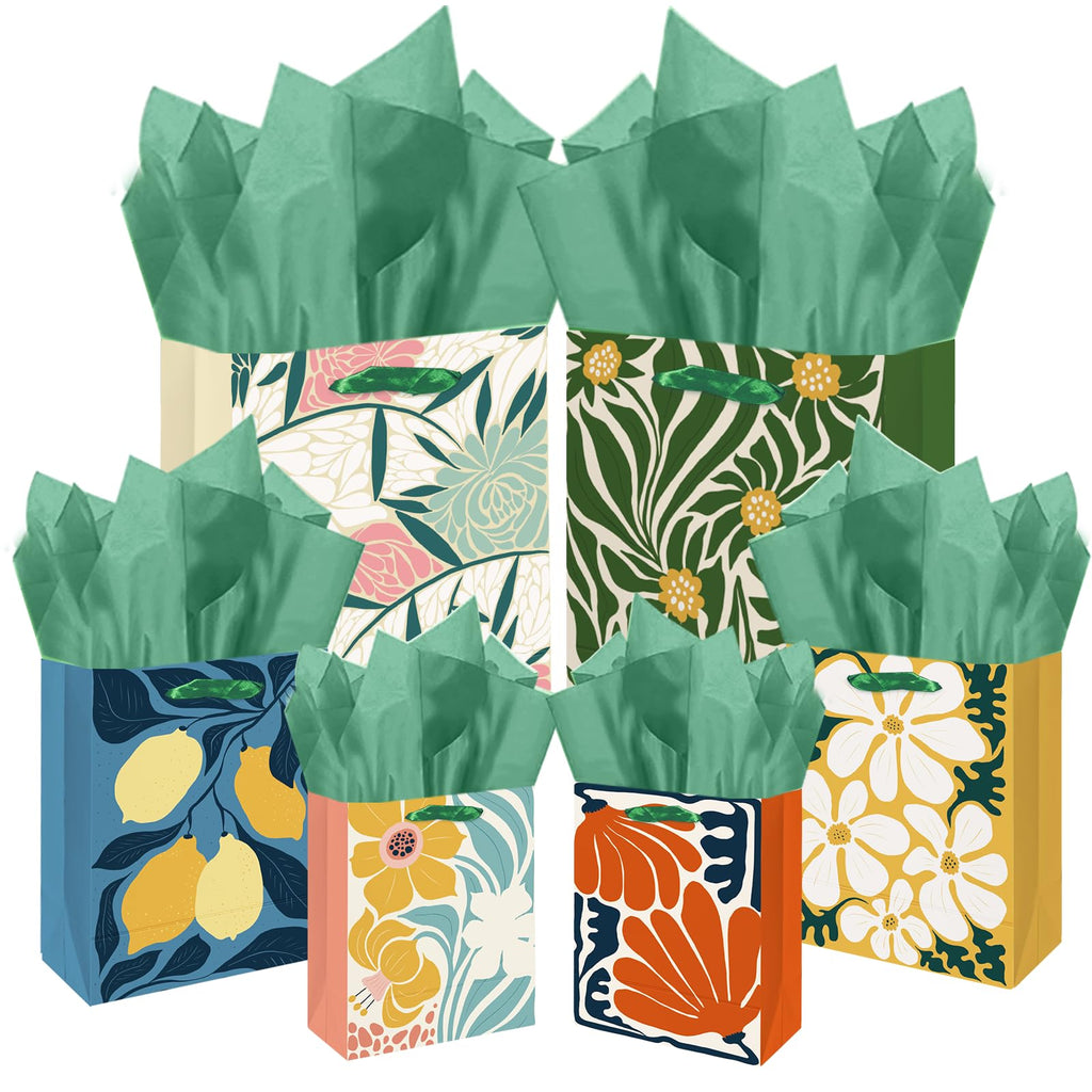 qiqee Clash Flowers Gift Bags with Tissue Paper Mulit Assorted Sizes 10PCS Present Party Favor Birthday Bags(2pcs Large 13", 4pcs Medium 9", 4pcs Small 6", Tissue Paper)