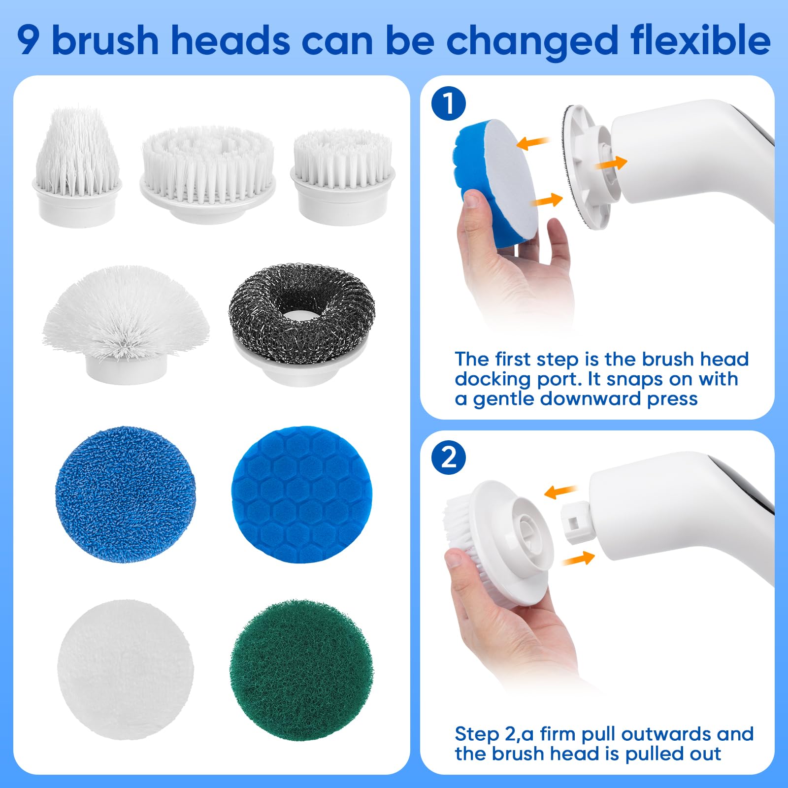 Electric Spin Scrubber, Upgrade Cordless Cleaning Brush with 9 Replaceable Cleaning Brush Heads, 3 Rotating Speeds, LED Display,Adjustable Extension Arm, Power Shower Scrubber for Bathroom Tile Floor