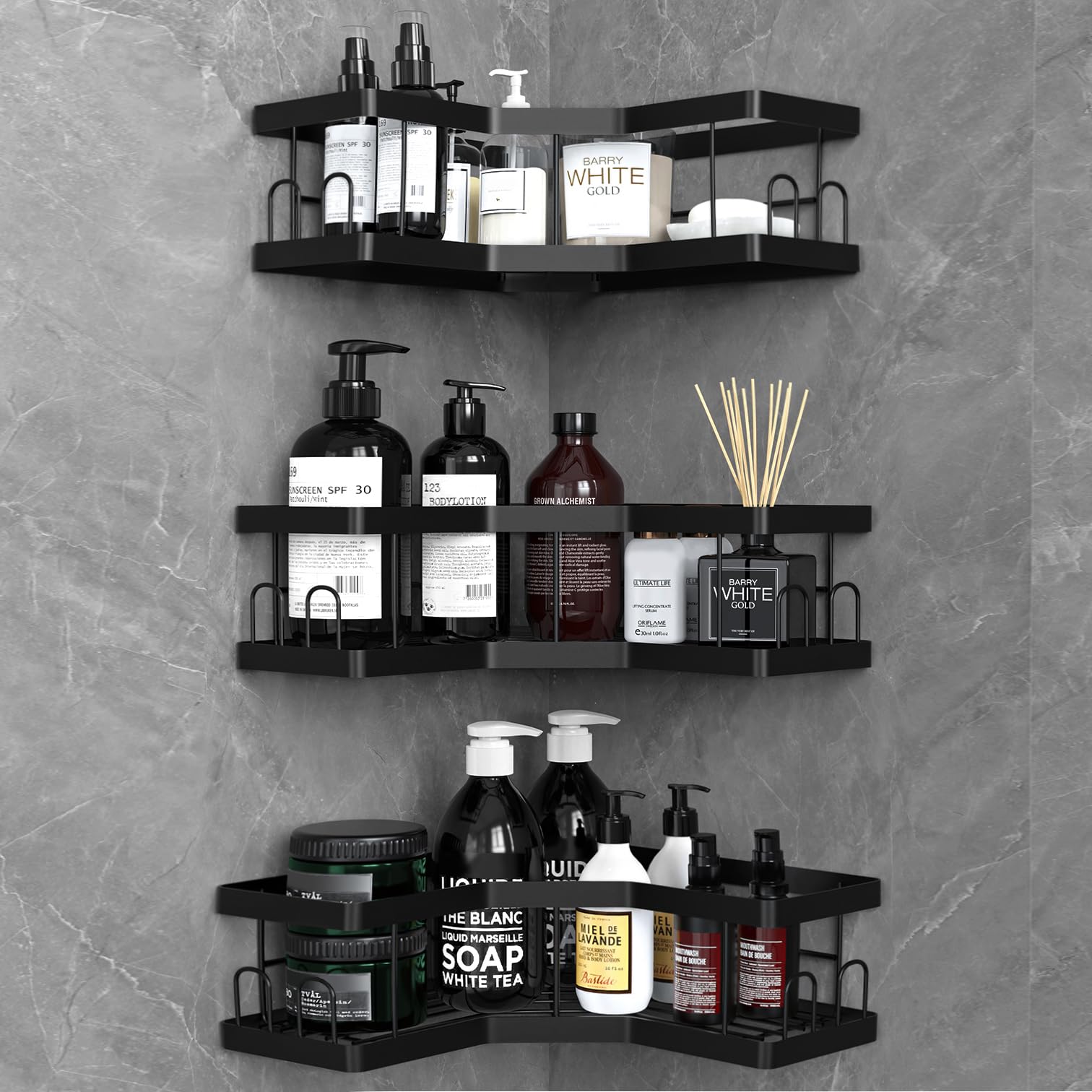 Shower Caddy, 3 Pack Bathroom Shelves, Adhesive Shower Shelf No Drilling, Black Shower Storage, Shower Organiser, Rust-Resistant Shower Caddy Corner, Shower Soap Holder, Bathroom Accessory
