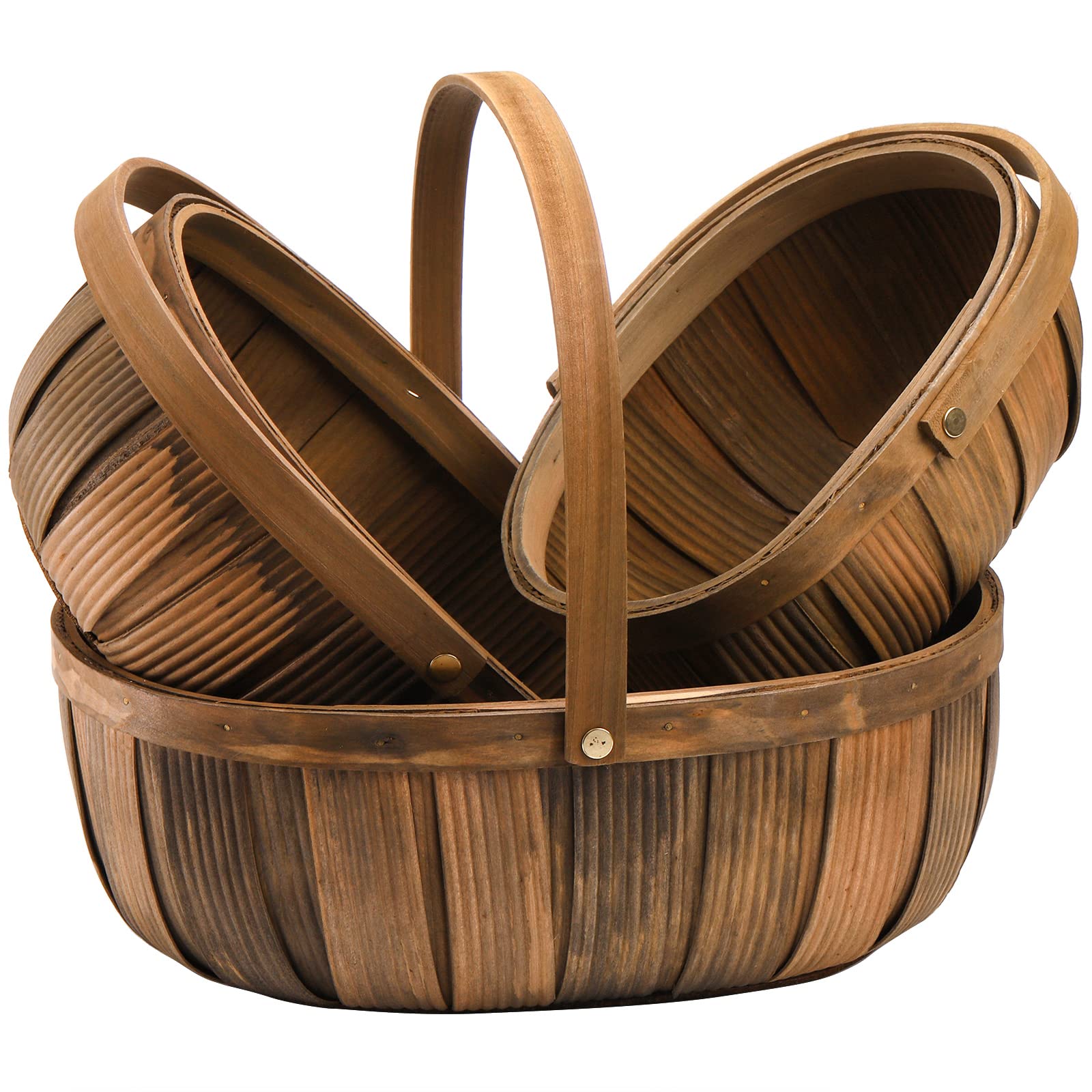 Lawei 3 Pack Wooden Bread Baskets, Wood Chip Picnic Basket with Handles, Handmade Woven Fruits Vegetable Storage Serving Basket Holder, Gift Packing Woven Basket, Flower Girl Baskets for Wedding