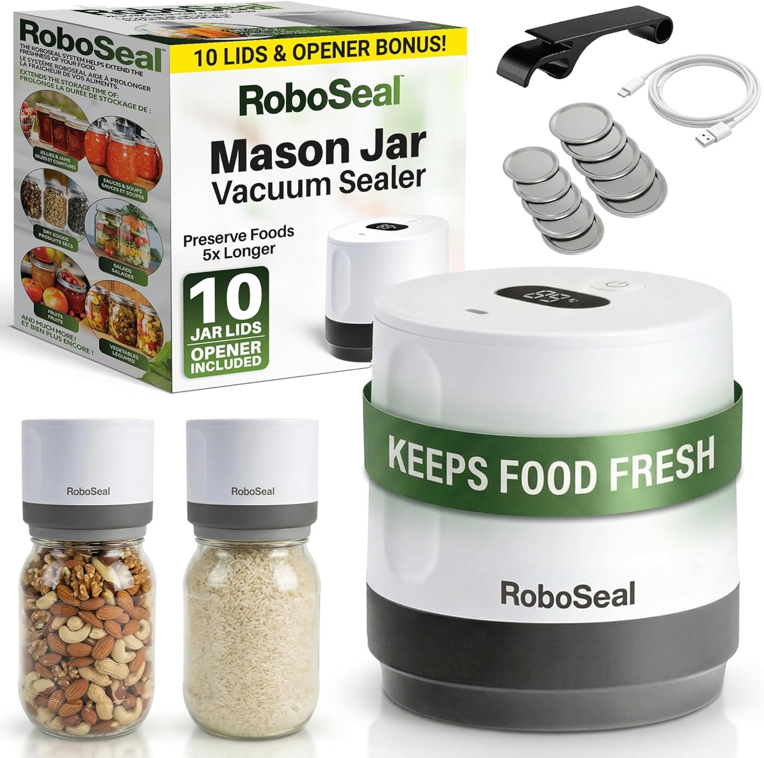 RoboSeal Rechargeable Mason Jar Vacuum Sealer for Mason Jars Wide and Regular, One Touch Vacuum Sealer for Jars, 10 Lids Included, Digital Battery Indicator, As Seen on TV