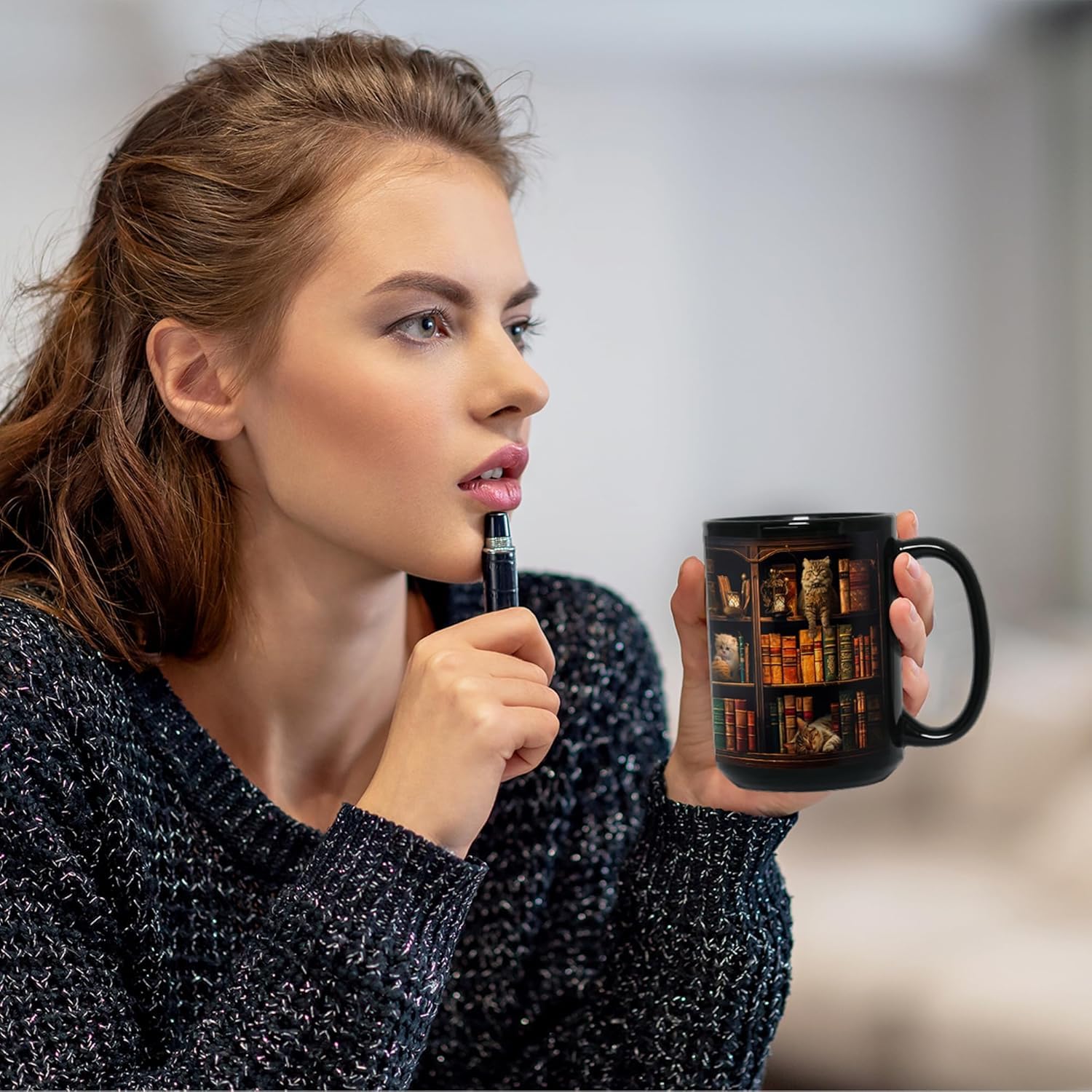 Cat Book Mug Book Lovers Gifts for Readers - Books Lover Bookish Gifts for Bookworm Women - Library Bookshelf Mug - Best Gift for Cat Lover - Reading Writer Women Black Coffee Cup 11oz
