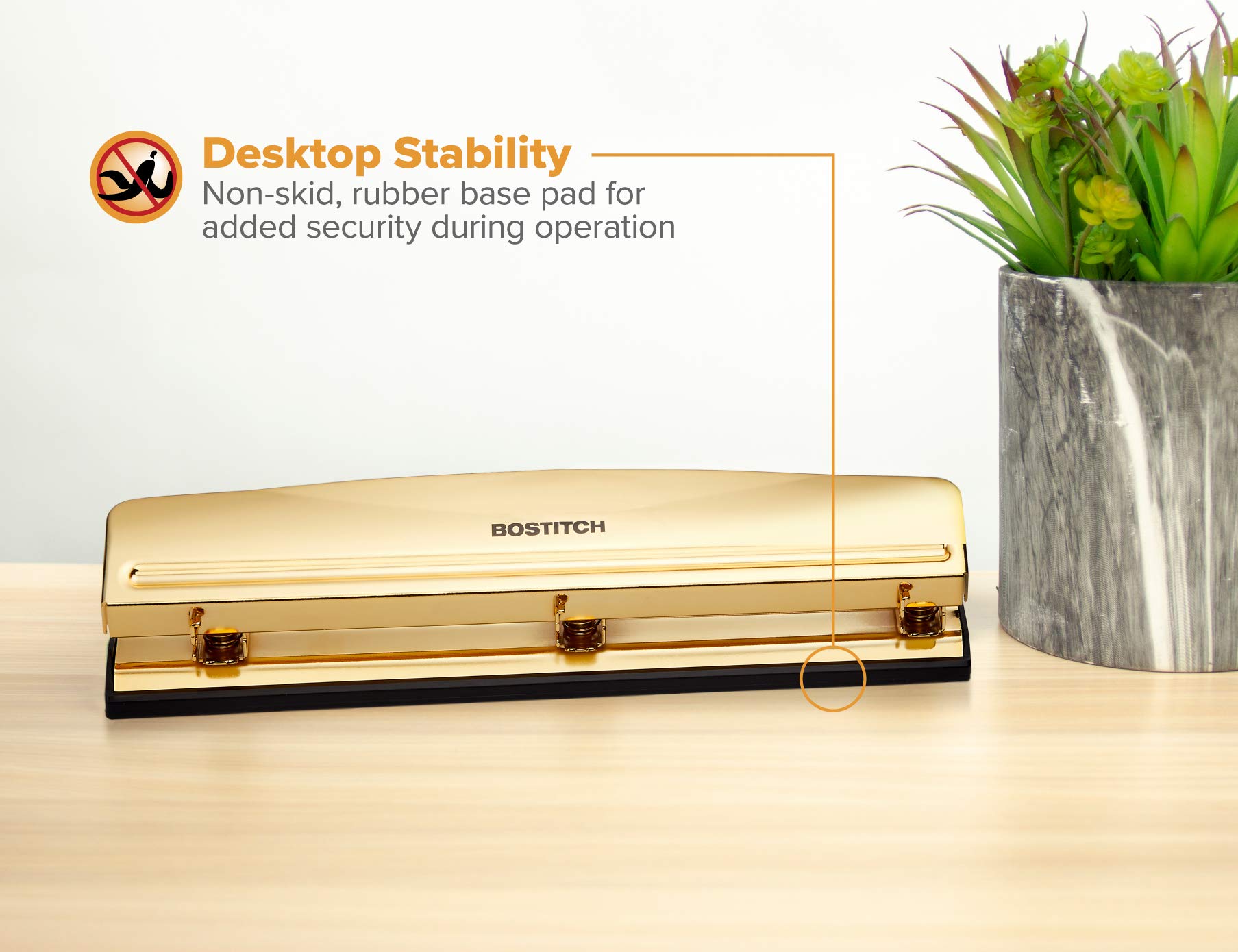 Bostitch Office 3 Hole Punch, 12 Sheet Capacity, Durable Metal, Gold Chrome, Rubber Base