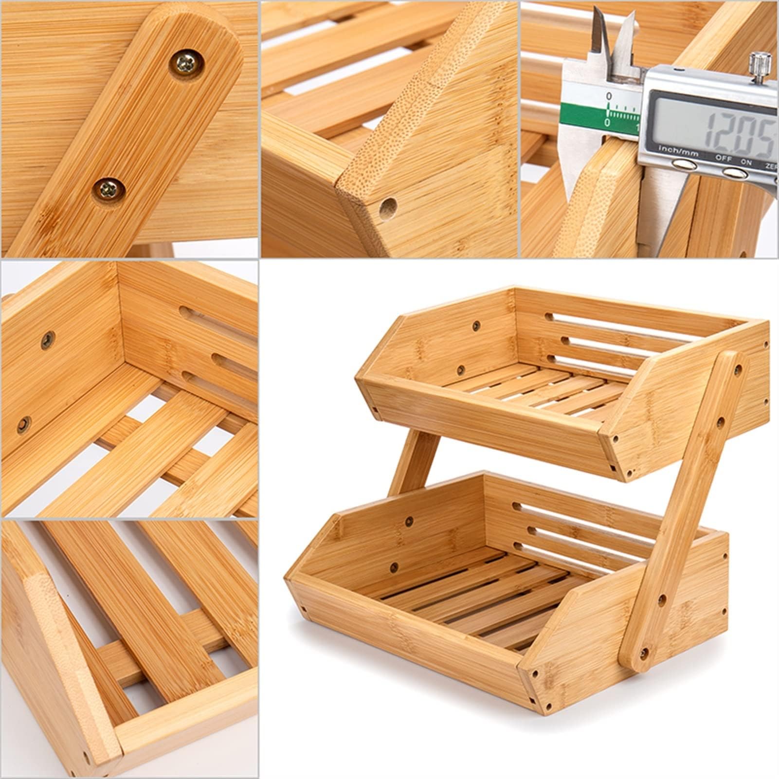 Bamboo Fruit Basket, 2-Tier Storage Stand Holder for Kitchen Countertop, Large Capacity Organizer for Fruits and Vegetables, Natural