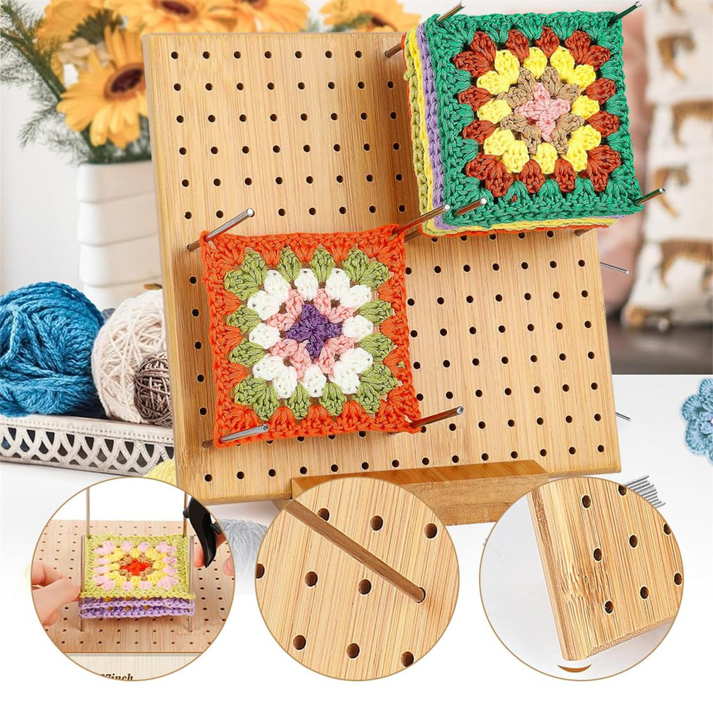 Crochet Blocking Board Handcrafted Knitting Blocking Mats Bamboo Crochet Accessories with 20 Pcs Steel Pins for Granny Squares Knitting Crochet Projects 7.87 Inches