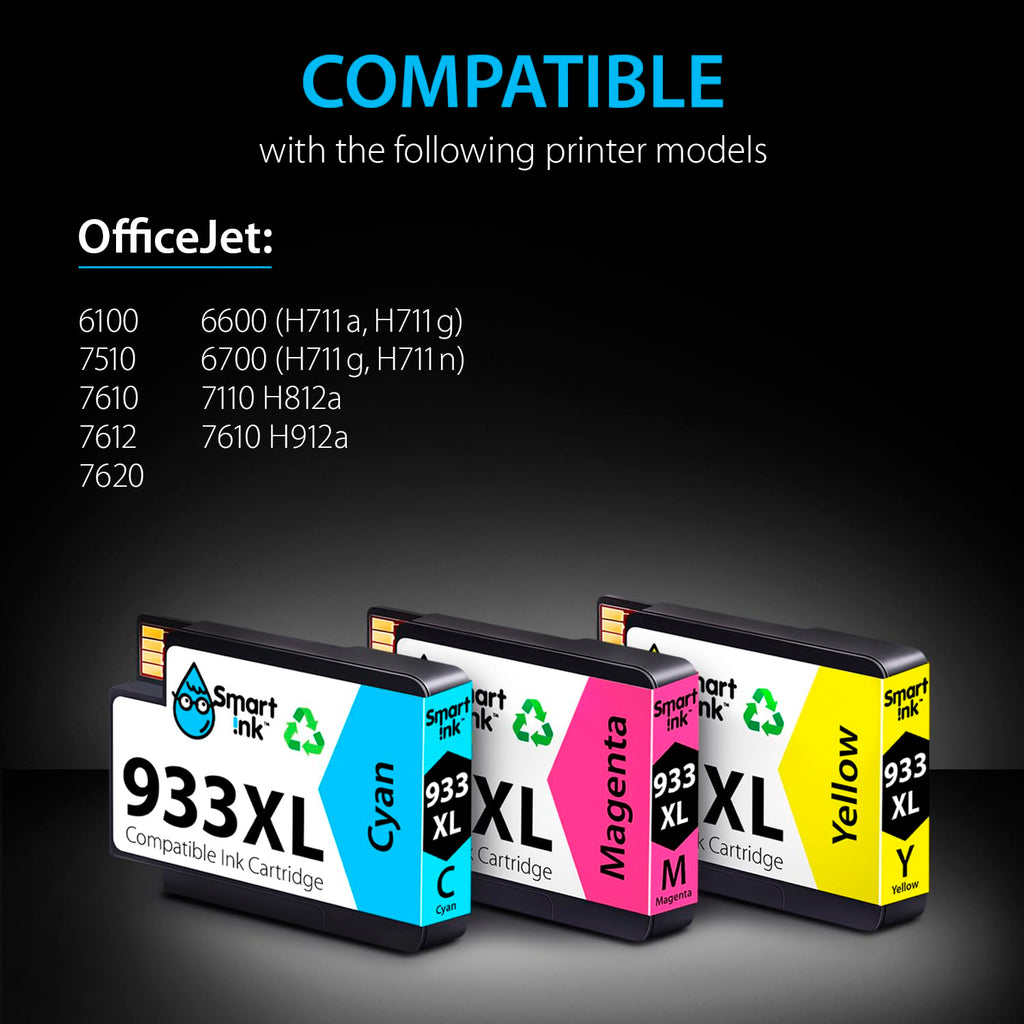 Smart Ink Compatible Ink Cartridge for HP 932 XL 933 XL 932XL 933XL 3 Pack Combo (C/M/Y Colors) Ink Cartridges High Capacity Works with HP Officejet 6600 6100 6700 7110 7610 7612