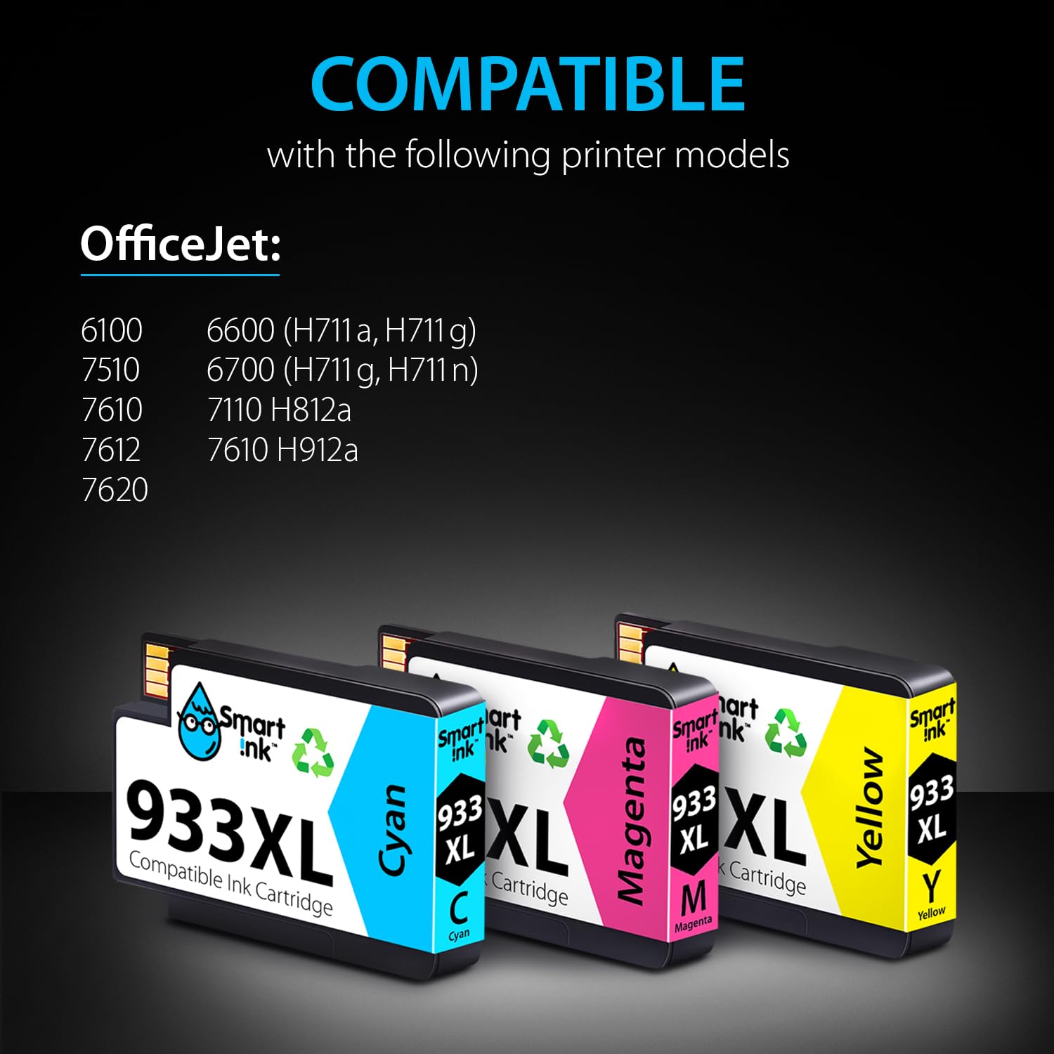 Smart Ink Compatible Ink Cartridge for HP 932 XL 933 XL 932XL 933XL 3 Pack Combo (C/M/Y Colors) Ink Cartridges High Capacity Works with HP Officejet 6600 6100 6700 7110 7610 7612