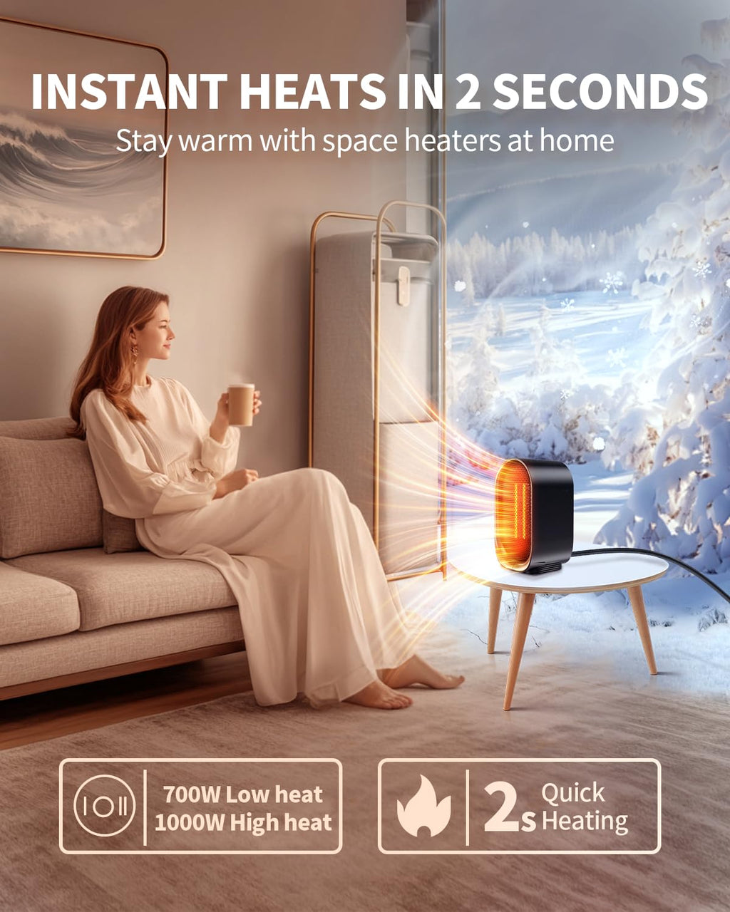 Space Heater, Portable Small Heaters for Indoor Use, Electric Desk Heater with Overheat and Tip-Over Protection, Mini Personal Heaters for Home Office Workspace