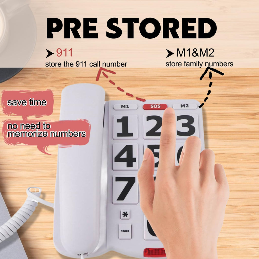 Corded Phone, Big Button Senior Landline Phones for Impaired Hearing and Vision, Ringer, Desktop Fixed Telephone for Home, Office