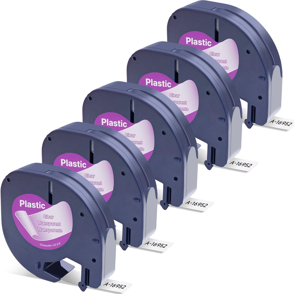 5PK Compatible with Dymo Letratag 16952 12mm(1/2-inch) Label Tape Plastic Tape Cassette Refills 16951 12267 12268 S0721530 Black on Clear Cartridge