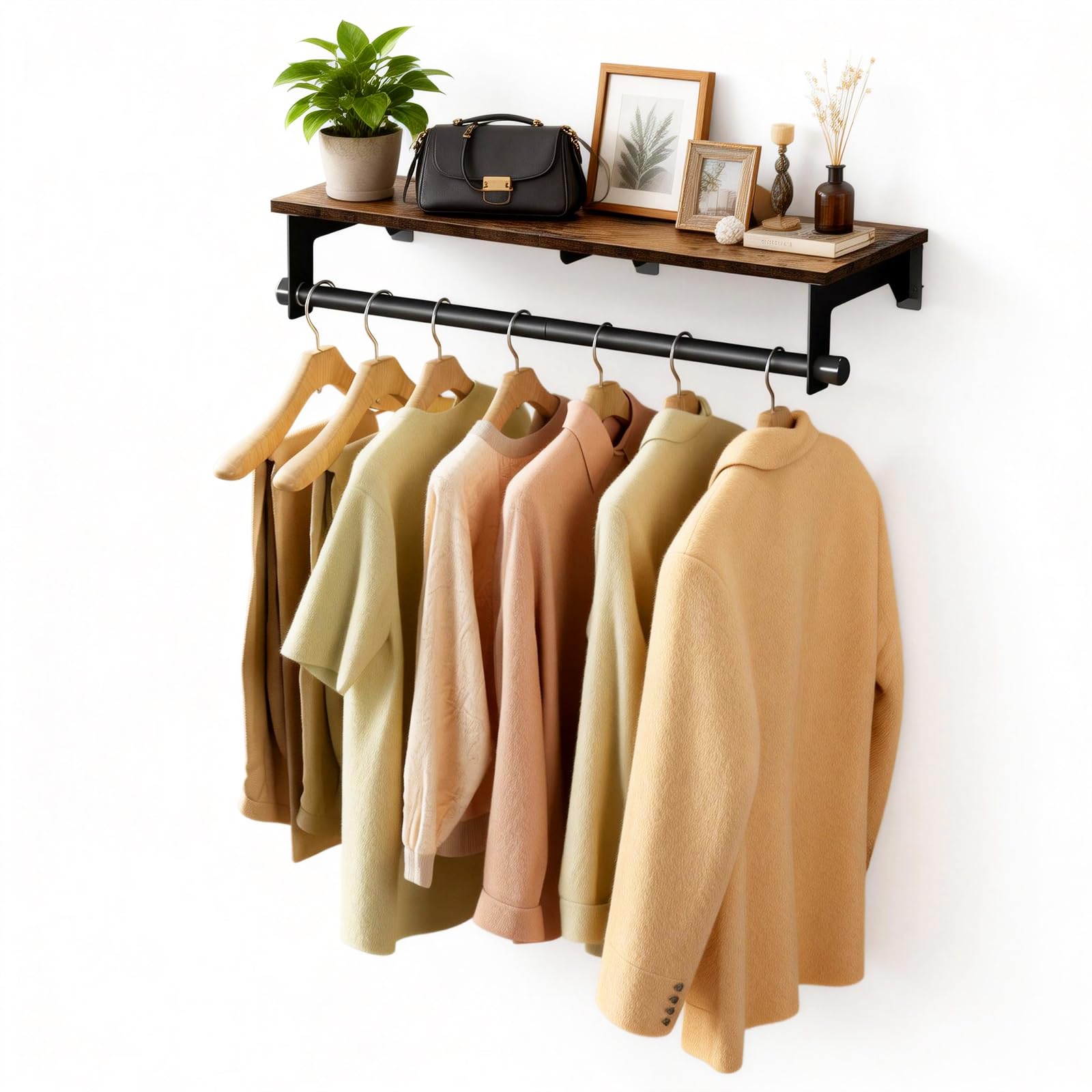 Luxspire Clothes Rack 28.7inch, Wall Mounted Garment Racks with Top Shelf for Hanging Clothes, Heavy Duty Industrial Pipe Garment Rack, Laundry Room Shelves Closet Storage, Black + Brown