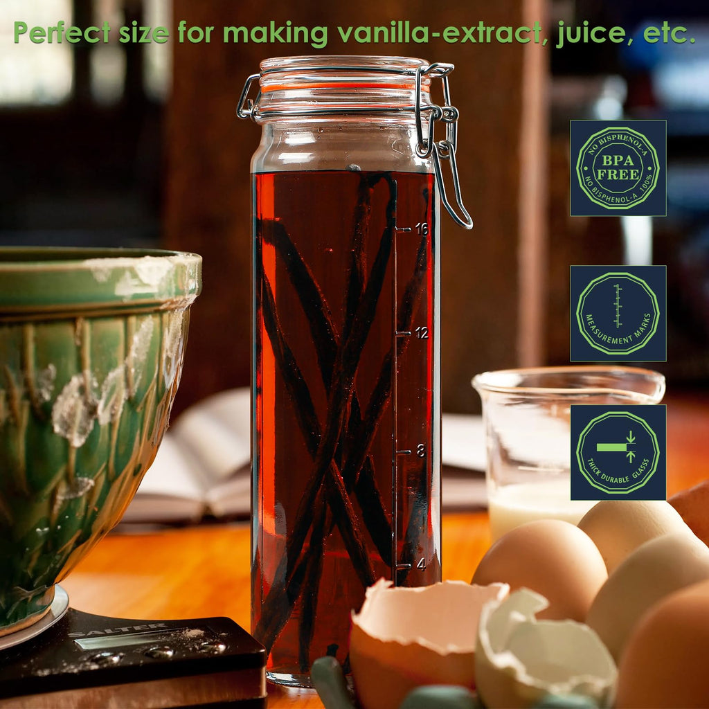 Huichuiero 20 oz(600 ML) Airtight Glass Jars with Lids, Wide Mouth Juicing Bottles with Hinged Lids and Leak Proof Rubber Gasket, Drinking Bottles Perfect for Vanilla Extract, 6 Pack