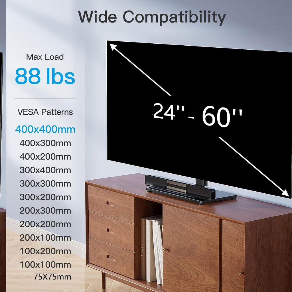 PERLESMITH Swivel Universal TV Stand/Base - Table Top TV Stand for 24-60 inch LCD LED TVs - Height Adjustable TV Mount Stand with Tempered Glass Base, VESA 400x400mm, Holds up to 99lbs PSTVS09