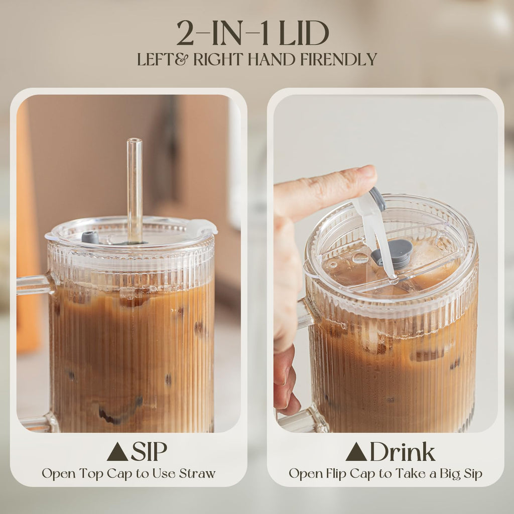 KEMORELA 24oz Ribbed Glass Cups with Lids and Straws,Glass Tumbler with Handle,2 set–Reusable Glass Ice Coffee Cups with Lid and Straw for Smoothies,Tea,Juice,Boba Cup for Cold & Hot Drinks,Travel Cup