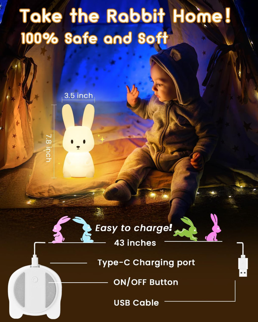 OPDOS Bunny Night Light for Kids Room, 7 Color Changing LED Portable Touch Lamp with Timer, USB Rechargeable Silicone Rabbit Nightlight for Baby Children Nursery Toddler Girl Kawaii Birthday Gift