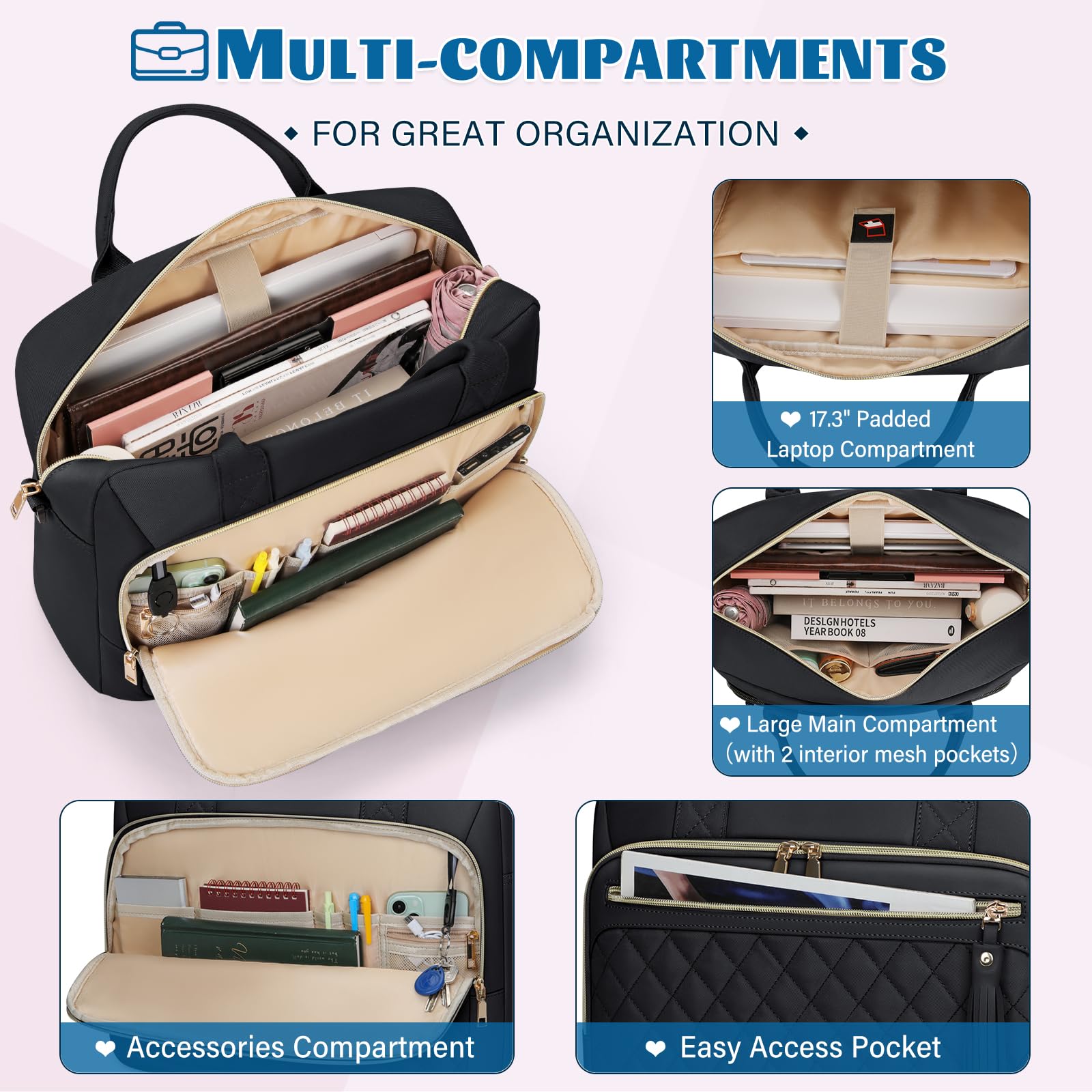 Laptop Bag 17.3 Inch Laptop Briefcase for Women Waterproof Computer Bag Large Messenger Bag Professional Laptop Case for Business Office Work College,Black