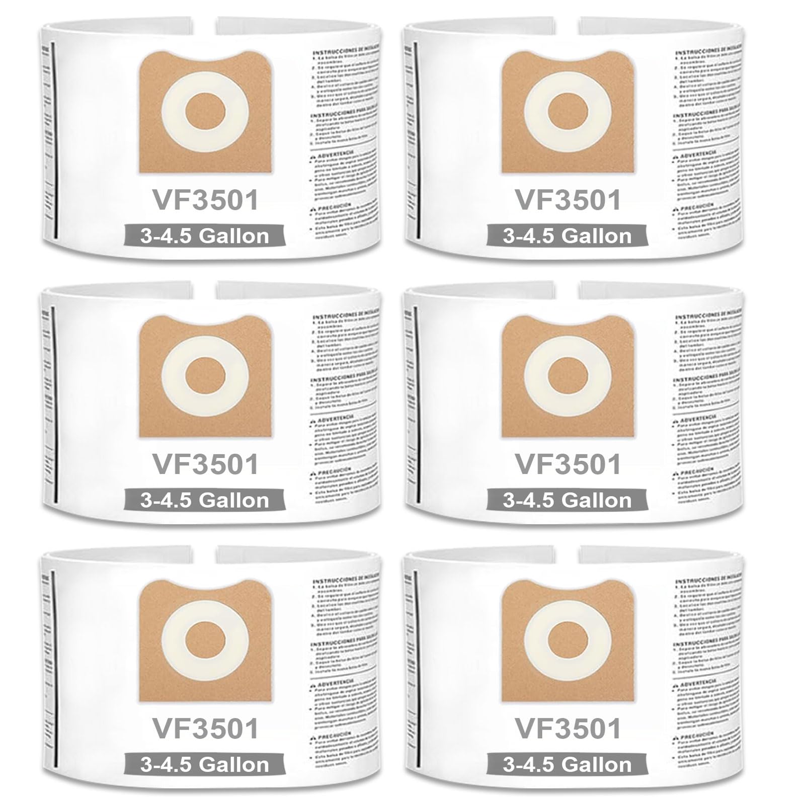 6 Pack Replacement for Ridgid VF3501 Filter Bags, Compatible with Ridgid 3 to 4.5 Gallon Vac Bags Wet Dry Dust Bags Replace Part# 23738, Workshop WS32045F, Size C