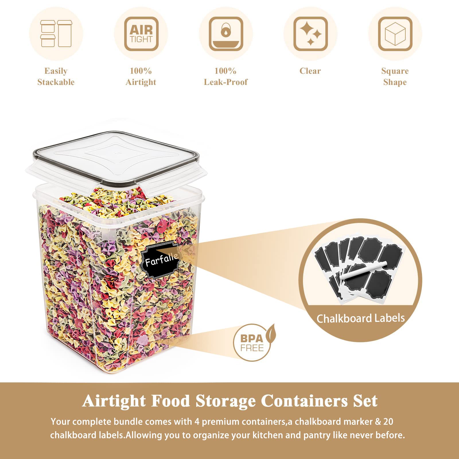 Large Food Storage Containers 5.2L/175oz, Wildone 4 Piece BPA Free Plastic Airtight Food Storage Containers for Flour, Sugar, Baking Supplies, Kitchen & Pantry Containers with 20 Labels