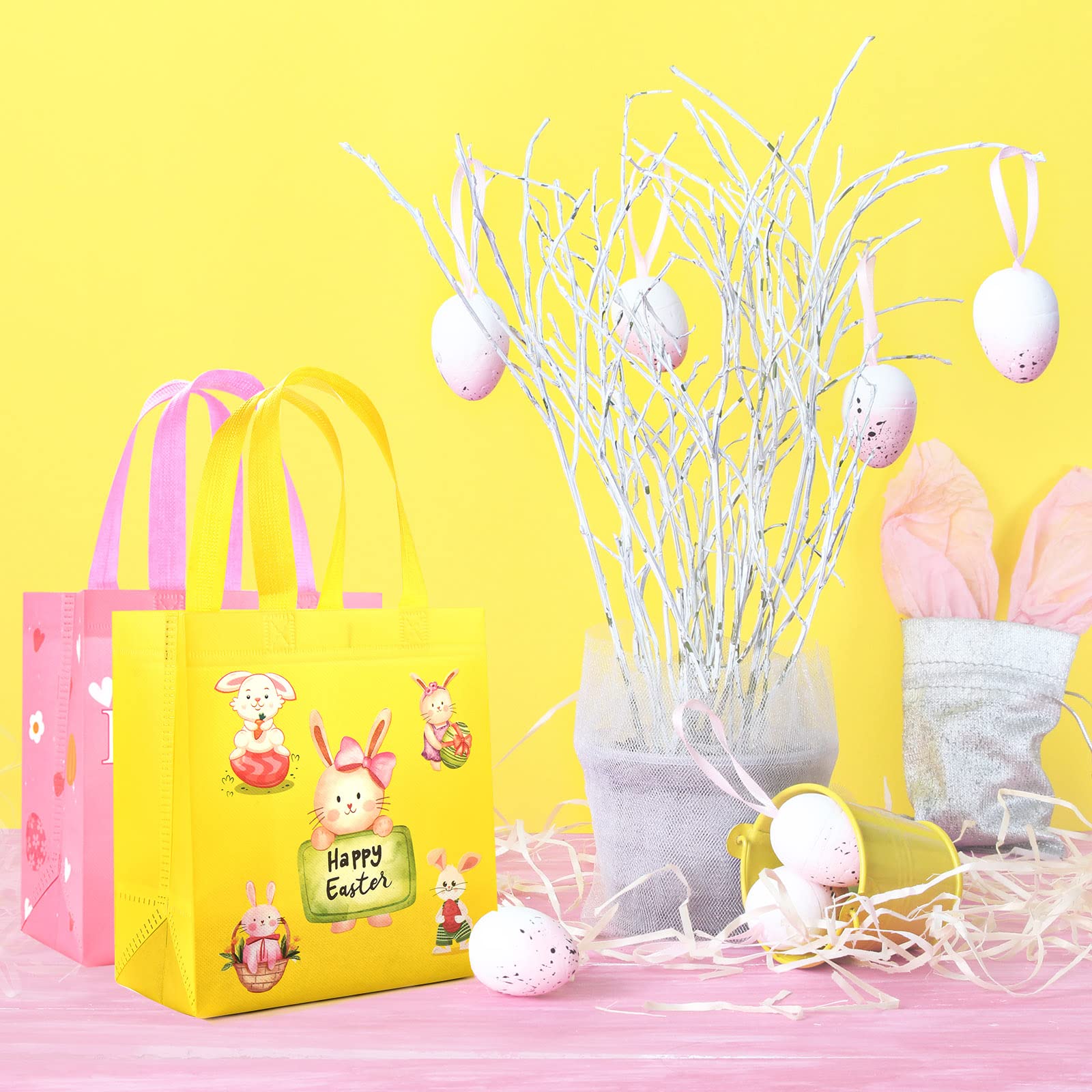AhfuLife Easter Gift Bags with Handles, Easter Egg Hunt Bags for Kids, Reusable Non-woven Easter Rabbit Bunny Bag for Easter Egg Hunt Party Supplies Decorations, 9"×4.33"×8.46" (Easter medium bags 12pcs)