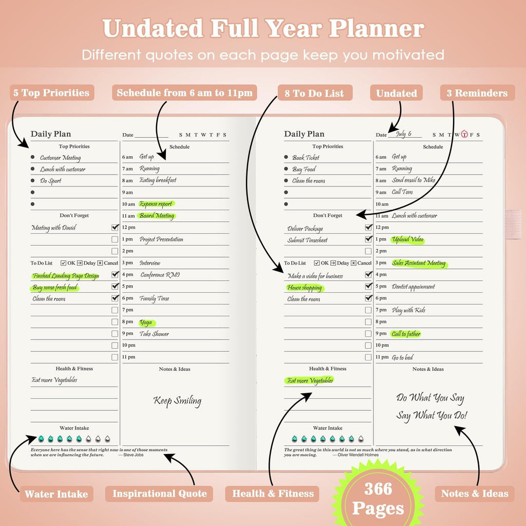 Planner, Undated Daily Planner with To Do List, 365 Days Planner for ADHD, Agenda for Women Men, Hourly Planner Notebook for Goal Setting, Productivity Organizer with Calendar, 8.3" x 5.8" (Pink)