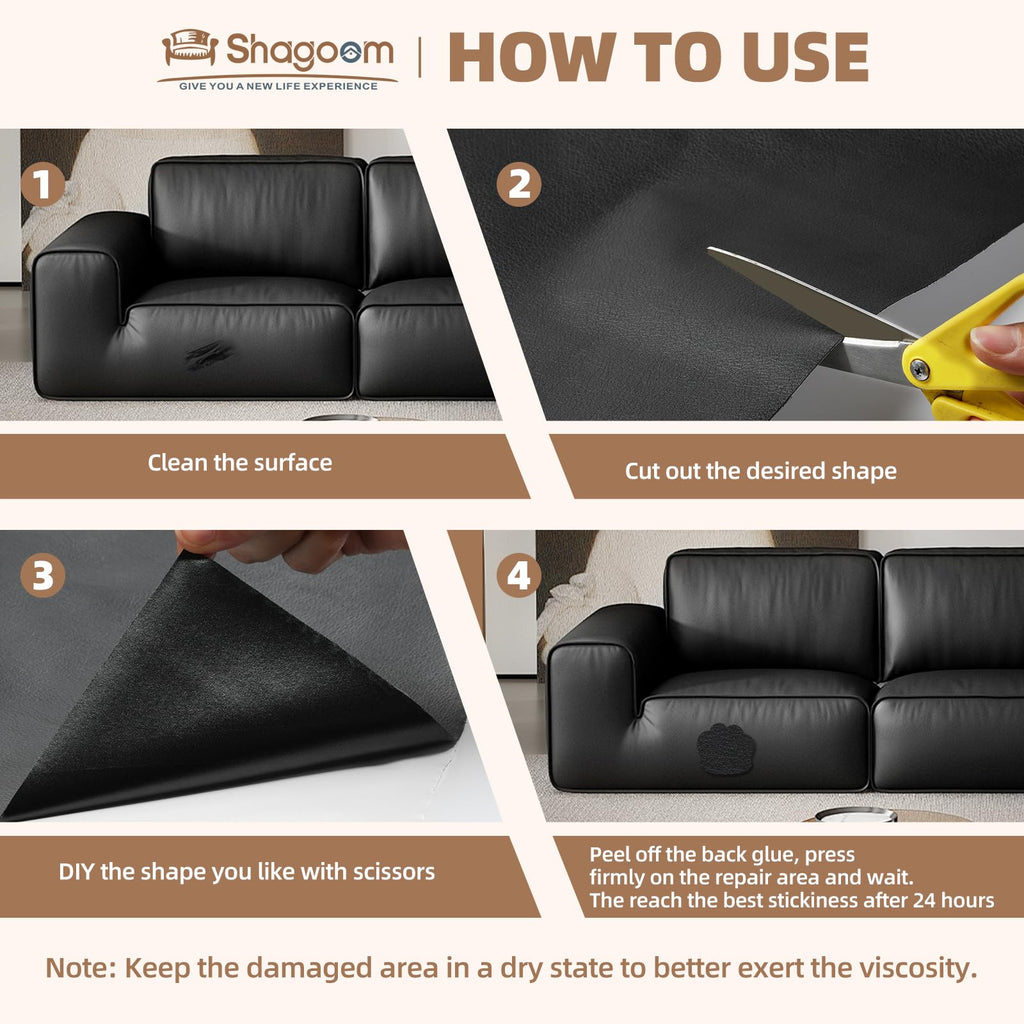 Shagoom Leather Repair Kit, 17X79 inch Self Adhesive Leather Patch Waterproof, DIY Large Vinyl Patches for Couches, Furniture, Kitchen Cabinets, Wall （Black, 17X79 inch）
