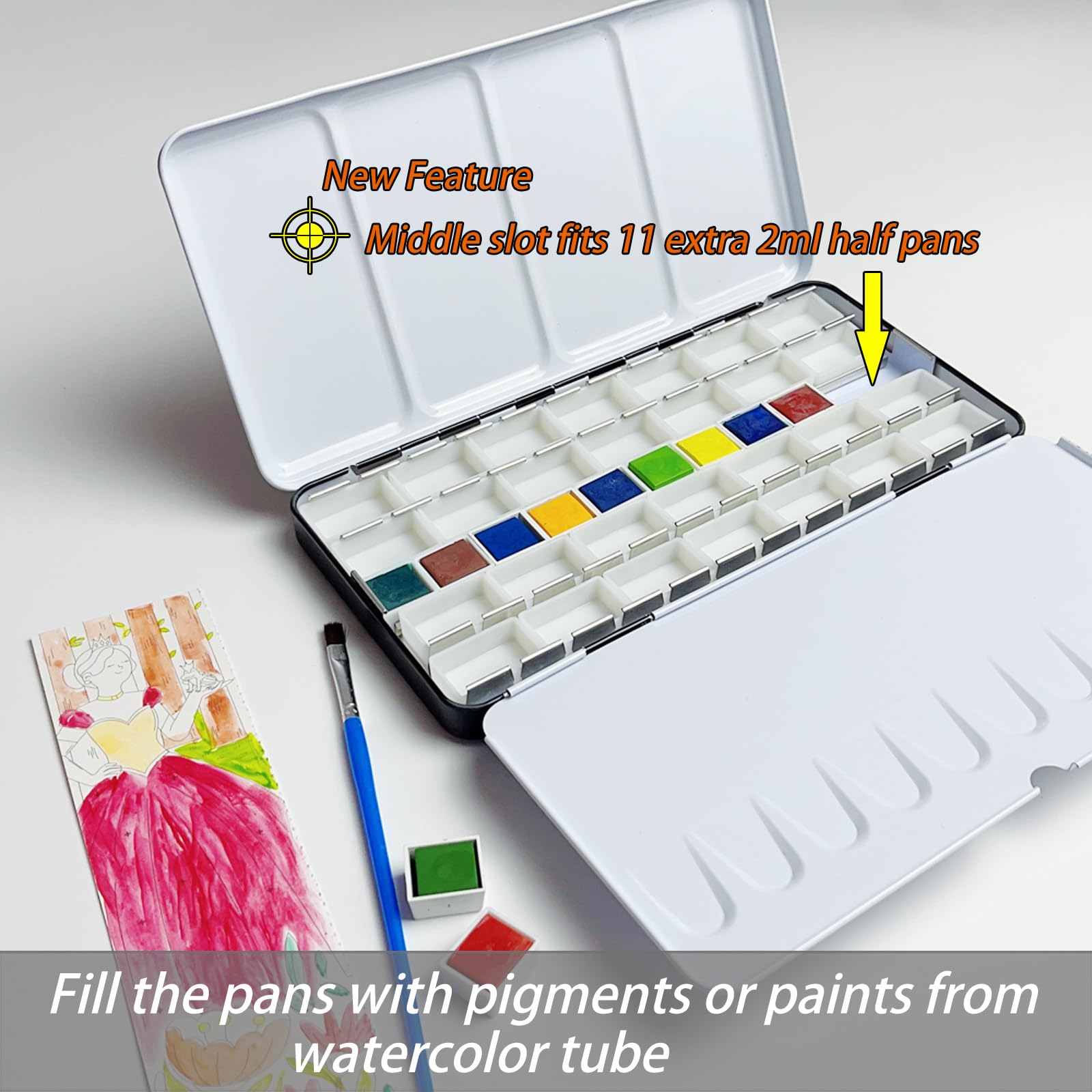 FCLUB Empty Watercolor Palette Paint Case - Large Watercolor Metal Tin with 48Pcs Half Pans