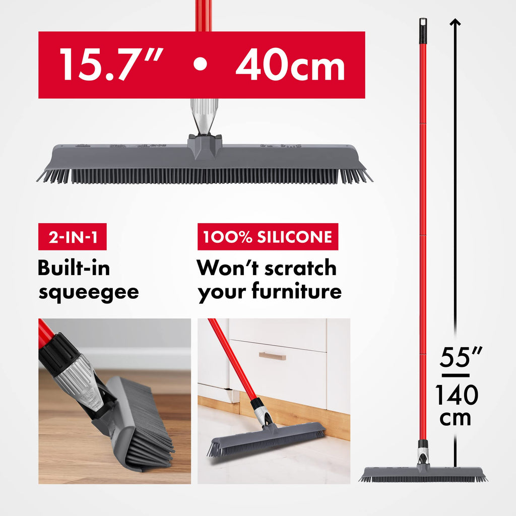 Tyroler 2-in-1 Silicone Broom & Floor Squeegee | 40cm Rubber Broom Head 4-Part Handle 140cm Squeegee Broom | Perfect Pet Hair Removal Broom for Dust, Carpet Rake, Hardwood Floor, Deck, Outdoor/Indoor