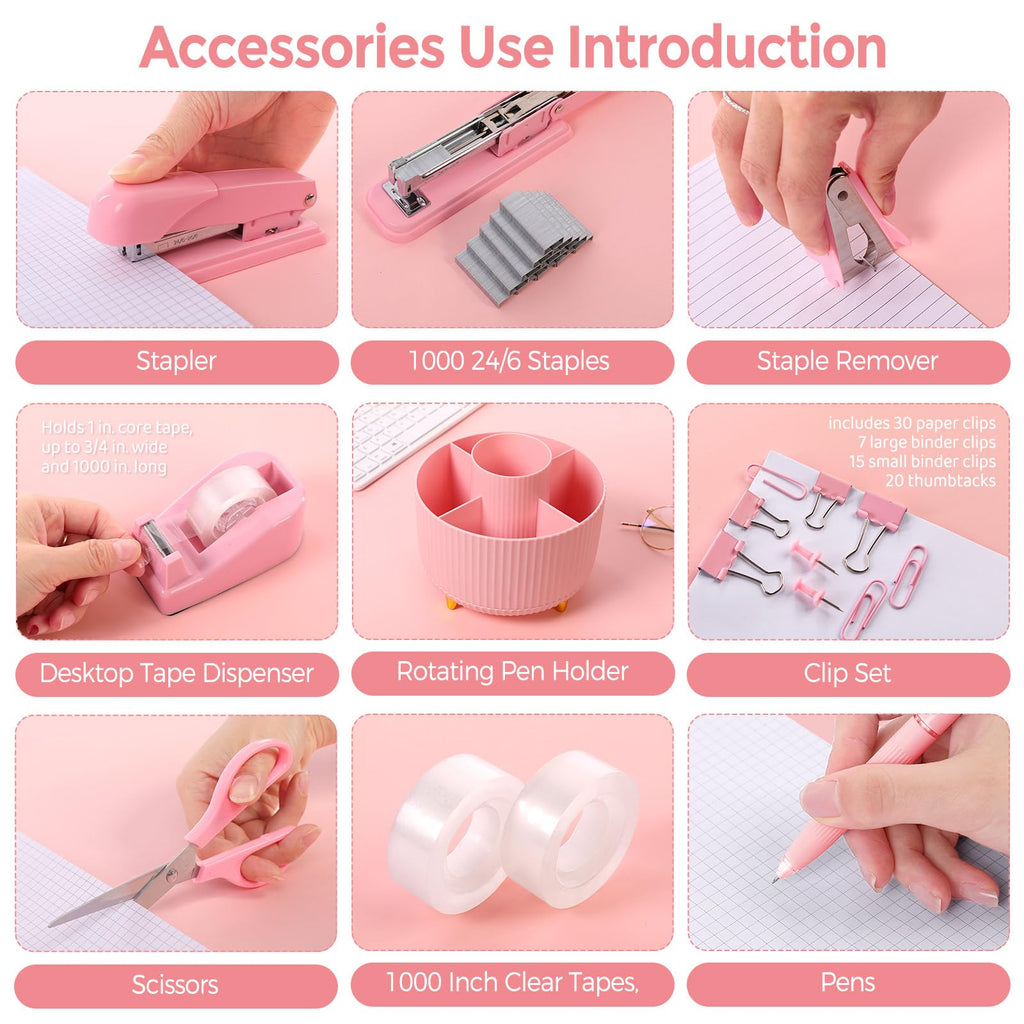 SKYDUE Pink Desk Accessories 10Pcs, 360-Degree Rotating Pen Holder, Stapler, Staple Remover, Tape Dispenser,2pcs Tape Refills, Binder Paper Clips Kit, Scissor,Pink Office Supplies