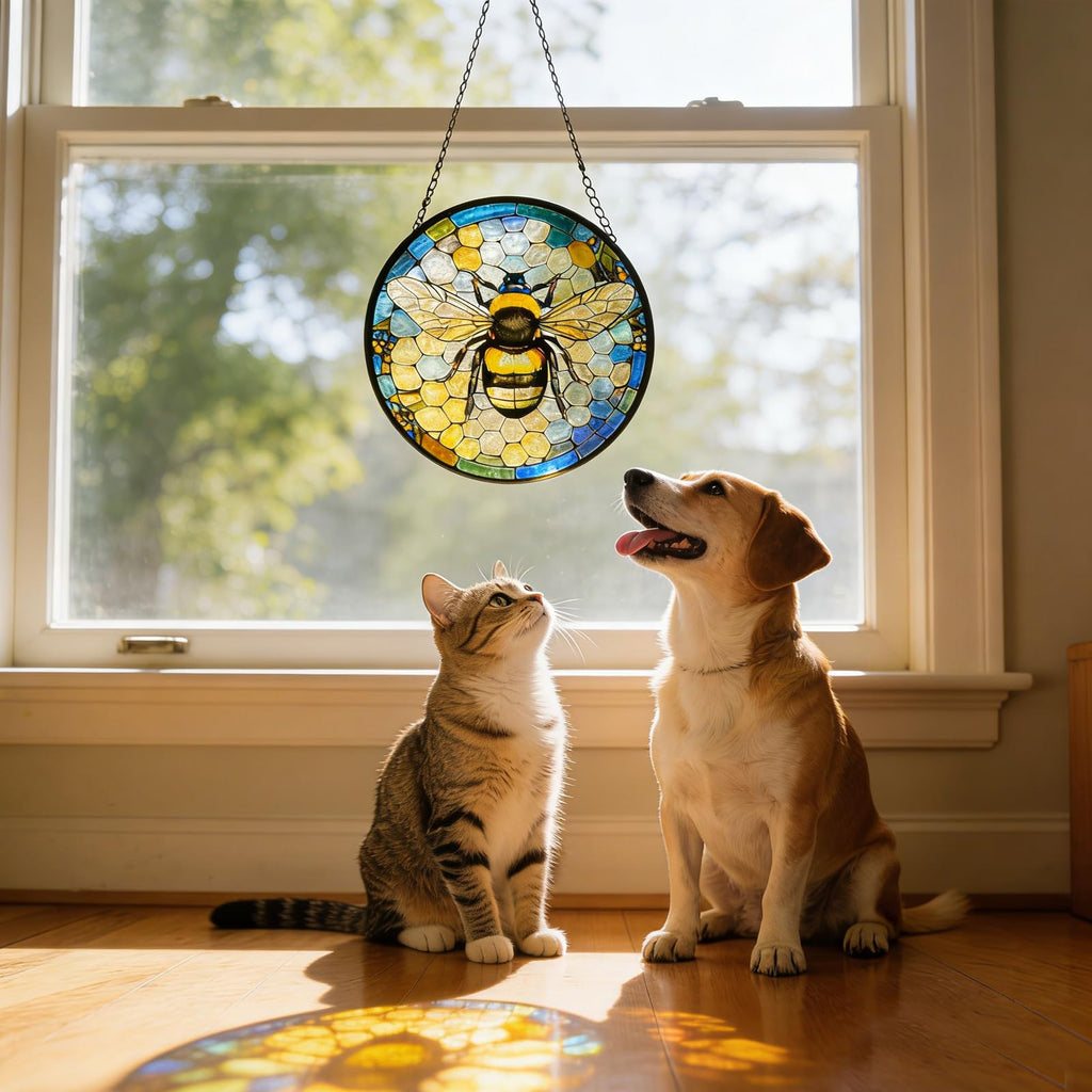 Huyfoig Ice Crack Bee Stained Glass Window Hanging, Bumblebee on Honeycomb Suncatchers for Windows Hanging Ornament for Home, Office Decor Christmas Birthday Gift for Mom Grandma (8""/20cm), HUY216