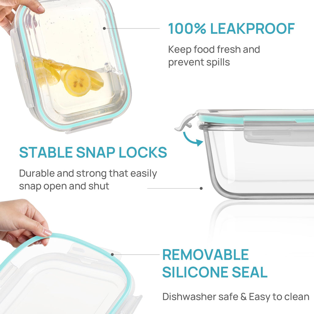 Vtopmart 2Pack 2260ml/ 76.4oz Extra Large Glass Container Food Storage with Lids, Meal Prep Container Set with Snap Airtight Lid for Baking, Microwave, Oven, Leak Proof, for Freezer, Dishwasher, Green