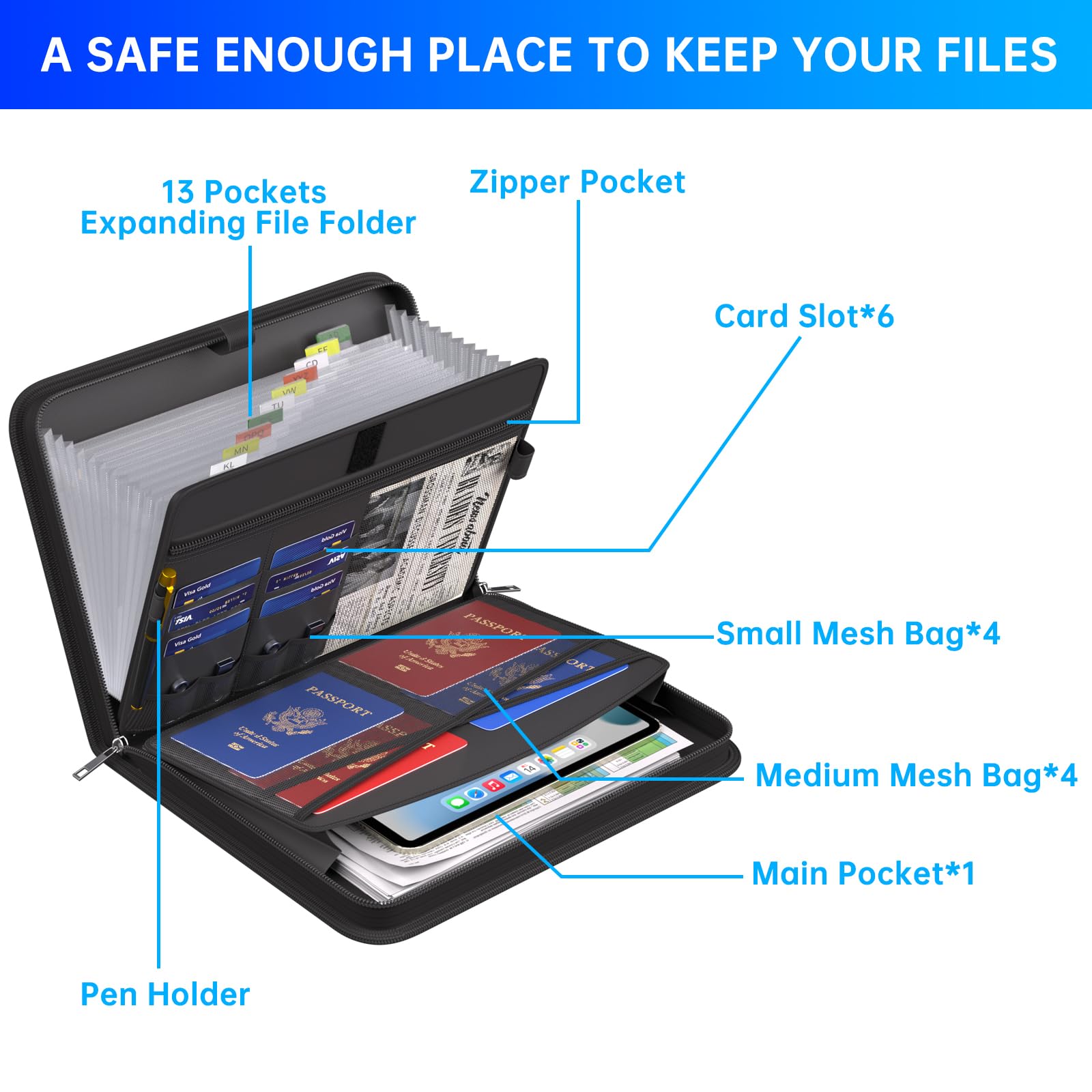 ENGPOW Accordion File Organizer,Fireproof Expanding File Folder with Multi Pockets,13 Pockets Document Organizer with Handle & Labels,Portable Home Travel Safe Storage for Letter A4 Files and More