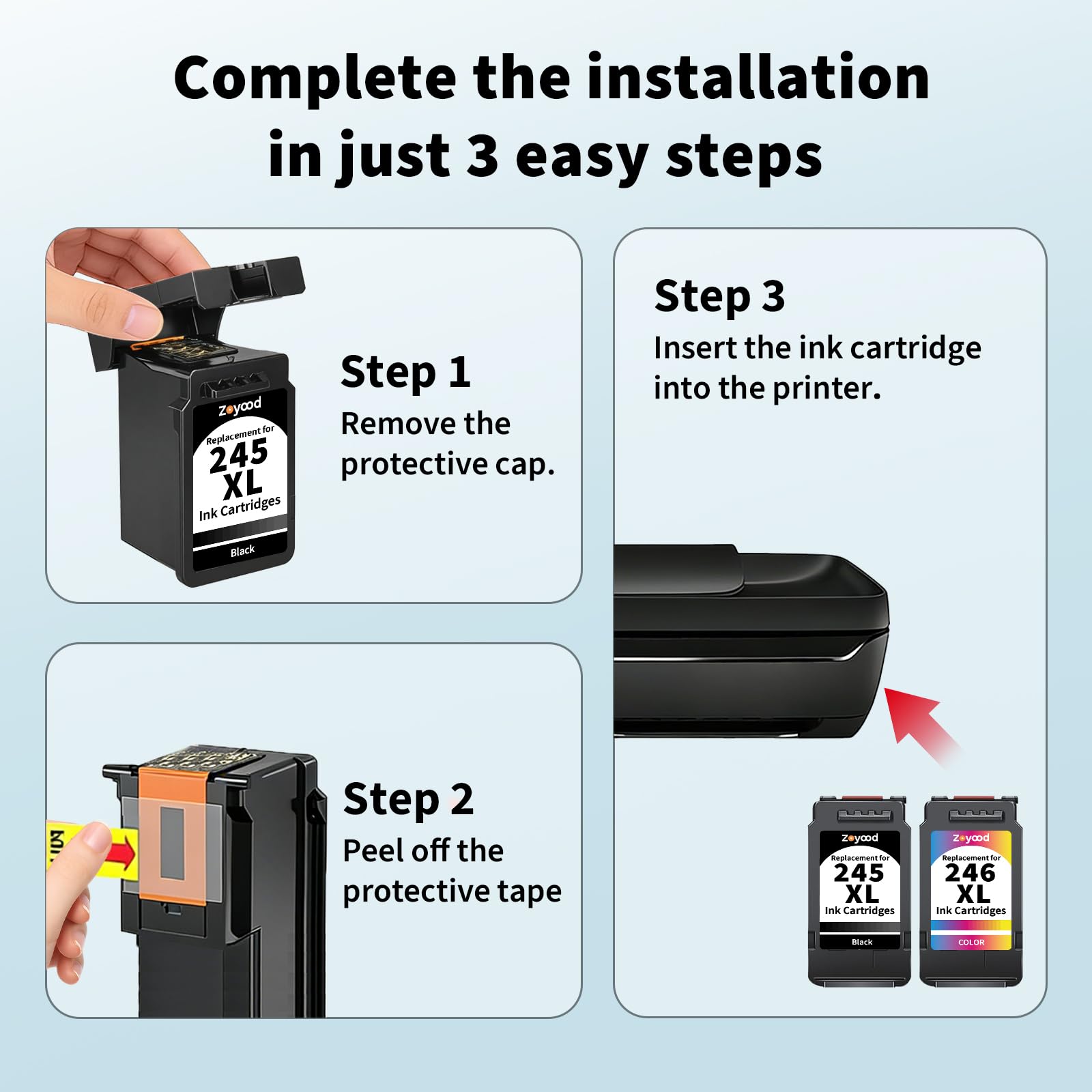 Zoyood Remanufactured Canon 245XL 246XL Ink Cartridge Replacement for Canon PG-245XL CL-246XL Ink cartridges Compatible with Pixma MG3029 TR4522 TS3320 MX492 IP2820 TS302 Printer (1 Black, 1 Color)