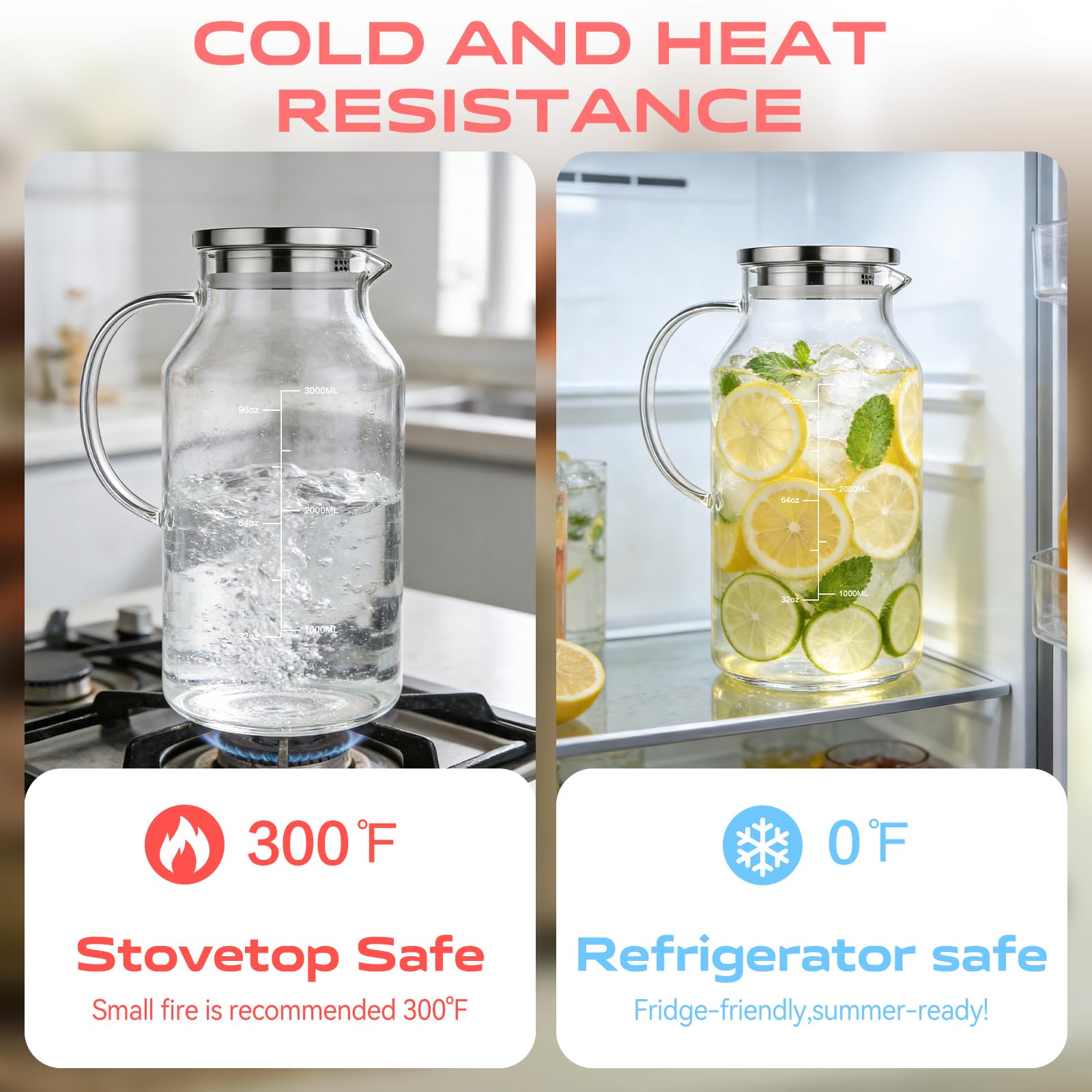 Aofmee 1 Gallon 128oz Glass Pitcher with Lid and Handle, Water Pitcher for Fridge, Borosilicate Carafe for Hot/Cold Beverage, Iced Tea Pitchers, Juice Jug for Coffee, Milk, Homemade Lemonade
