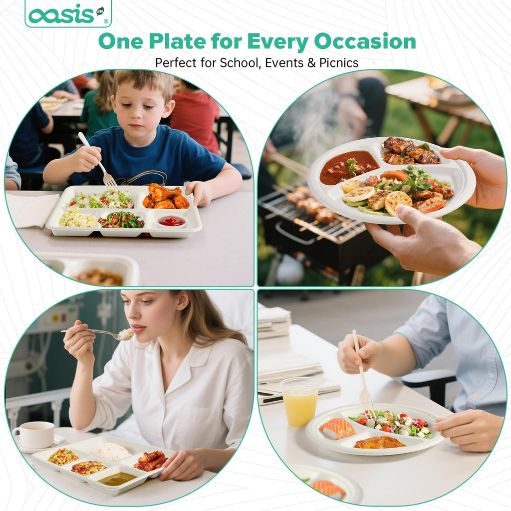 OasisSN [10 inch, 128-PACK] 3-Compartment Disposable Paper Plates, Compostable Heavy-Duty Divided Plates for Meal Prep, School Lunches & Party Buffets (White)