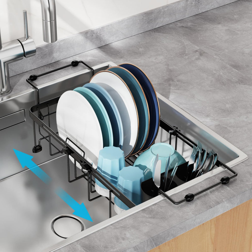 GSlife Small Sink Dish Drying Rack, 9" W Expandable Compact Rust Resistant Dish Drainer for RV Apartment Kitchen, Dish Rack with Lock Knob, Arms with Non Slip Rubber, 12"–16.8" L, Black