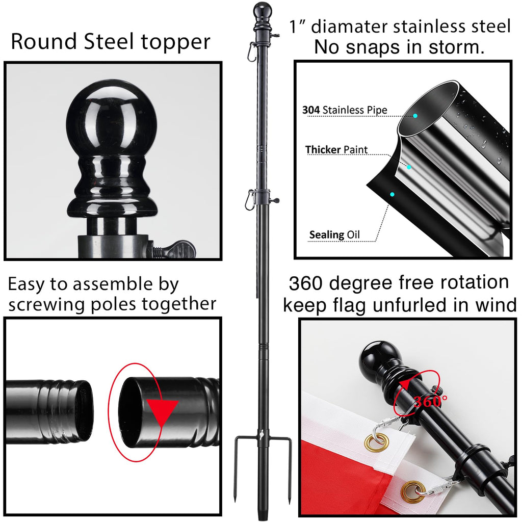 Ground Flag Poles for Outside House inground, 80 inch Black Heavy Duty Flag Pole Kit with 3x5ft Canada Flag, 2 Pronges Base and Tangle Free Flagpole Rings for Outdoor