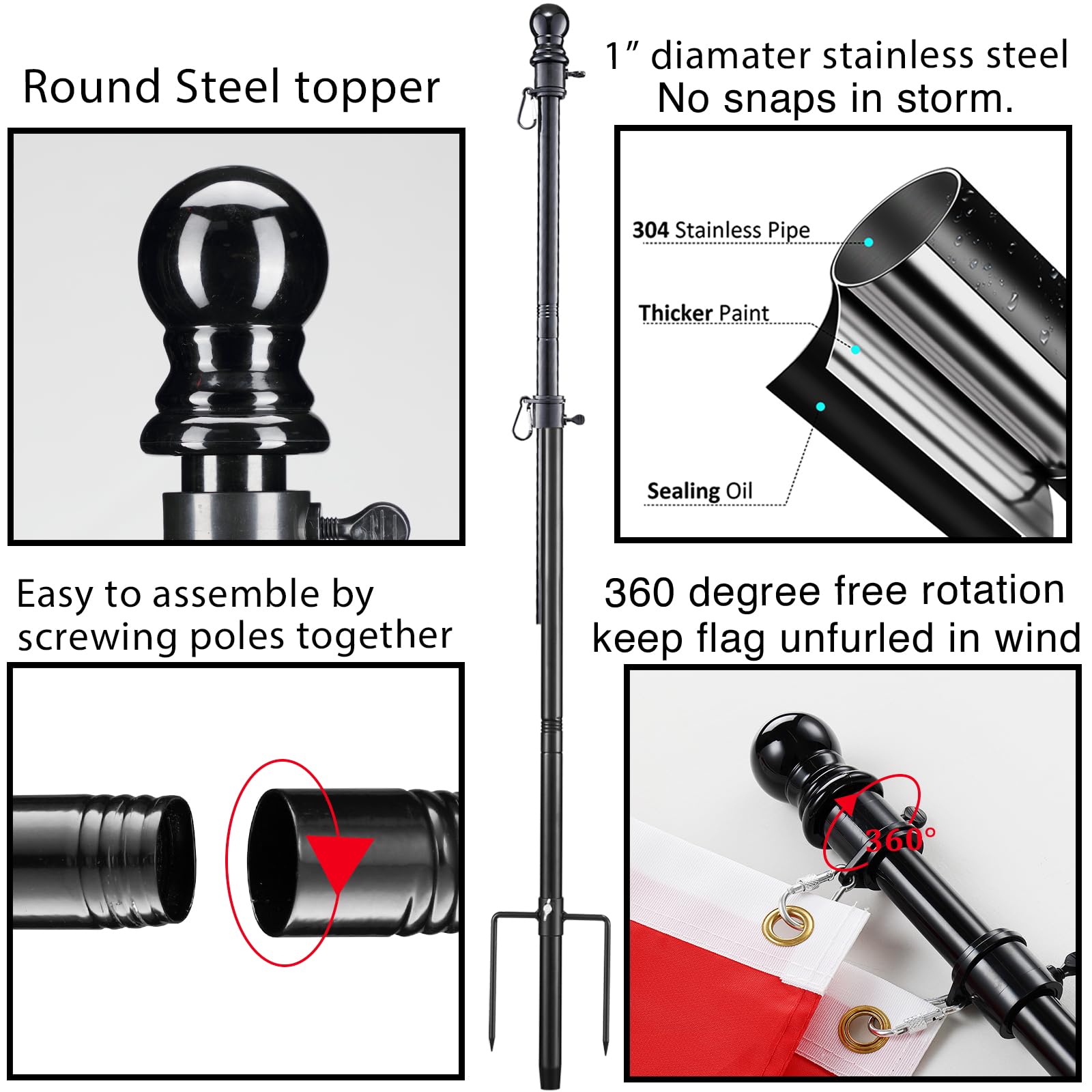 Ground Flag Poles for Outside House inground, 80 inch Black Heavy Duty Flag Pole Kit with 3x5ft Canada Flag, 2 Pronges Base and Tangle Free Flagpole Rings for Outdoor