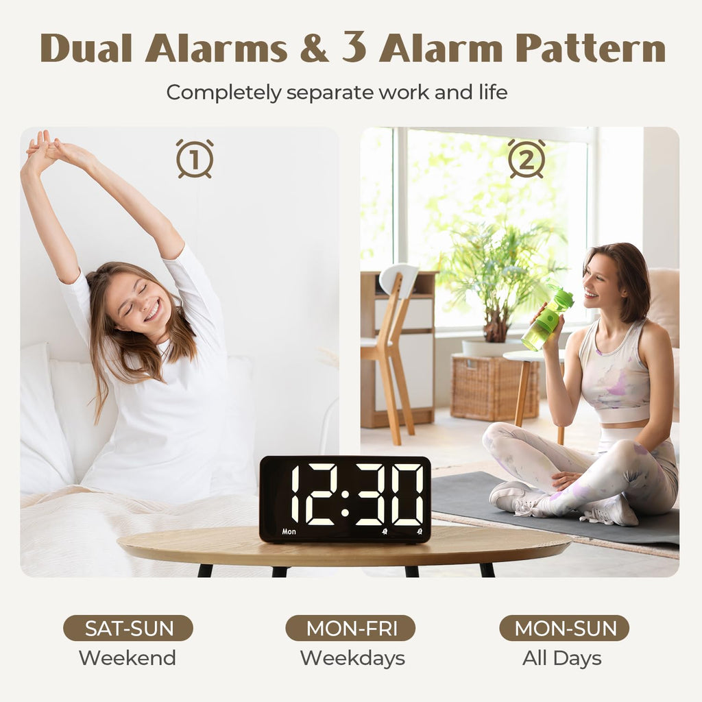 GOLOZA Alarm Clocks for Bedrooms, Wood Grain, Digital Clock with Large Display, Desk Clock for Bedside, Power-Off Memory & Alarm, 5 Level Brightness +Off, Dual Alarm, 12/24H, 9min Snooze, Reveil Matin