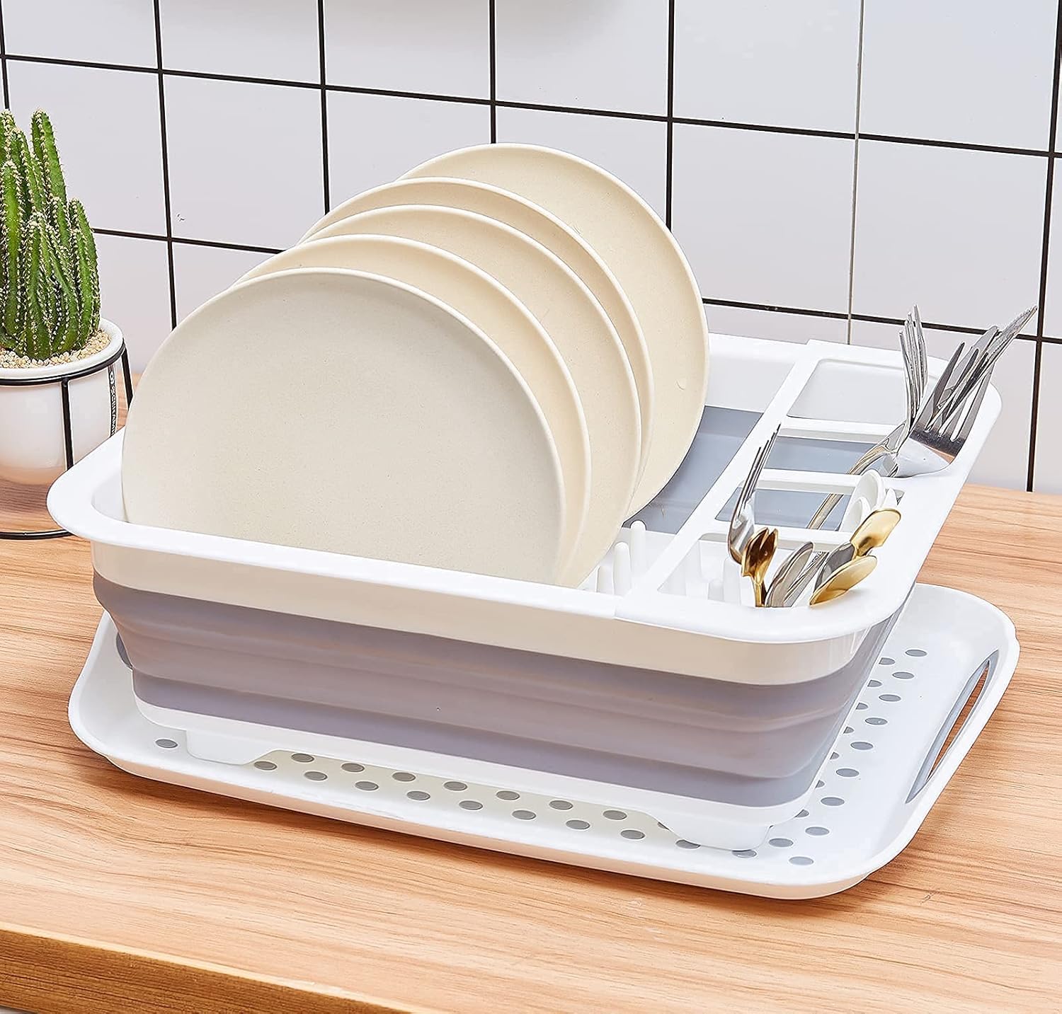 Collapsible Dish Rack and Drainboard Set Foldable Dishes Drying Racks Portable Drainer Dinnerware Organizer Folding Tableware Storage Cutlery Rack for Kitchen Counter RV Camper Accessories