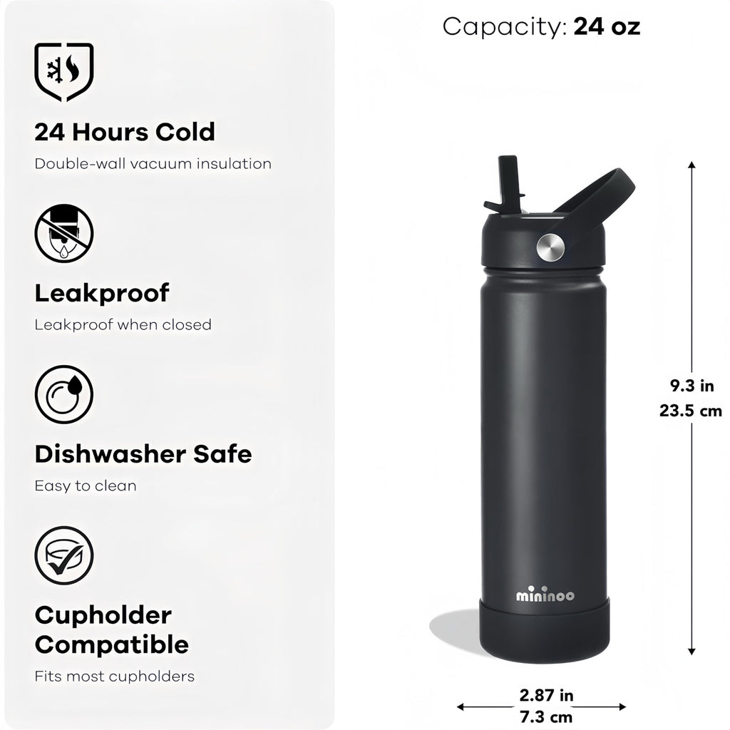 Insulated Stainless Steel Water Bottle with Straw, Ceramic-Lined, BPA-Free & Leak-Proof, 24 oz, Black