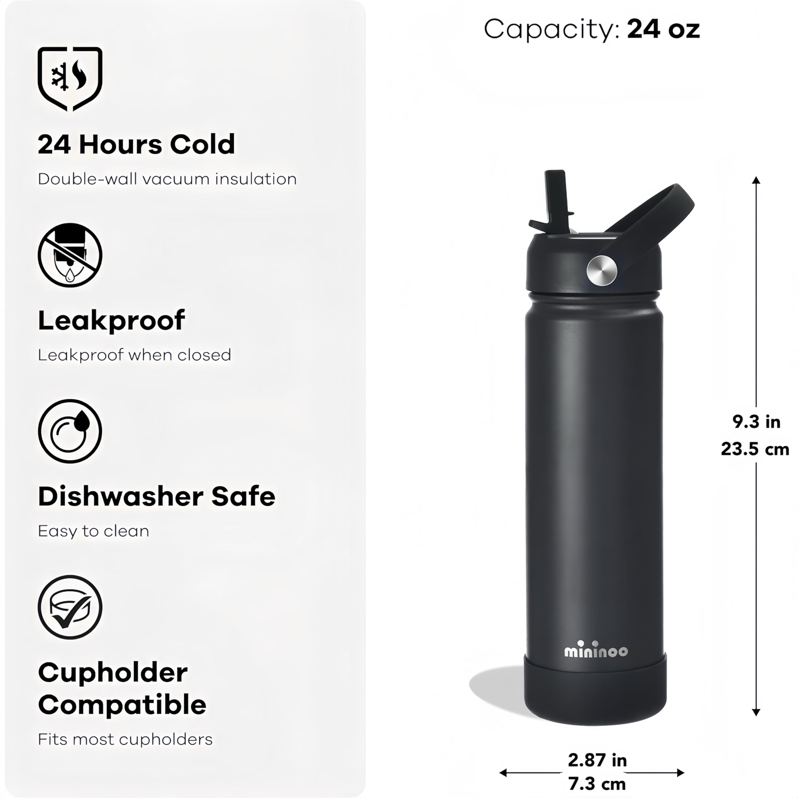 Insulated Stainless Steel Water Bottle with Straw, Ceramic-Lined, BPA-Free & Leak-Proof, 24 oz, Black