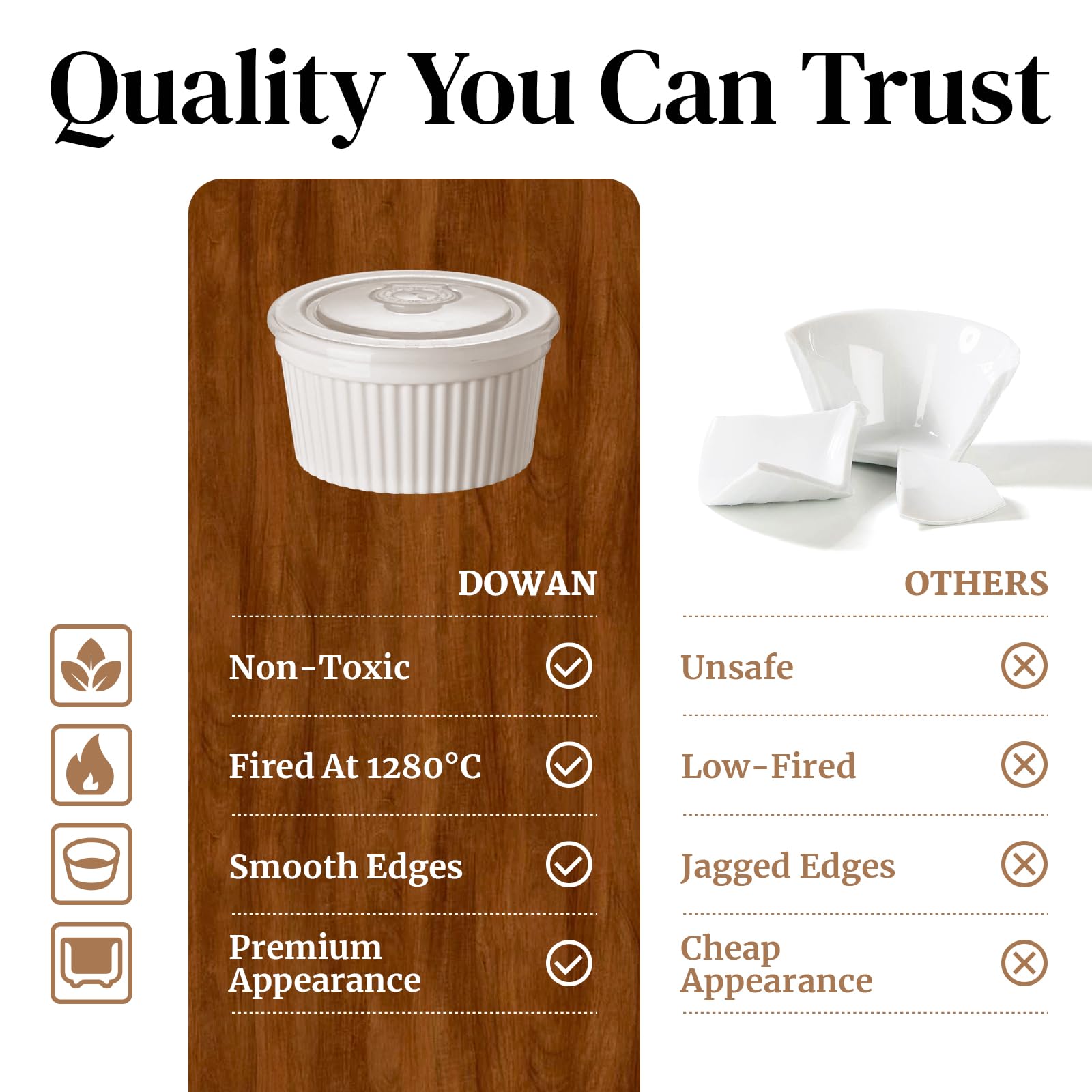 DOWAN Ramekins 8 oz Oven Safe with Lids, Creme brulee Souffle Ramekins with Covers, Porcelain White Ramekins for Baking, Stackable, Set of 6