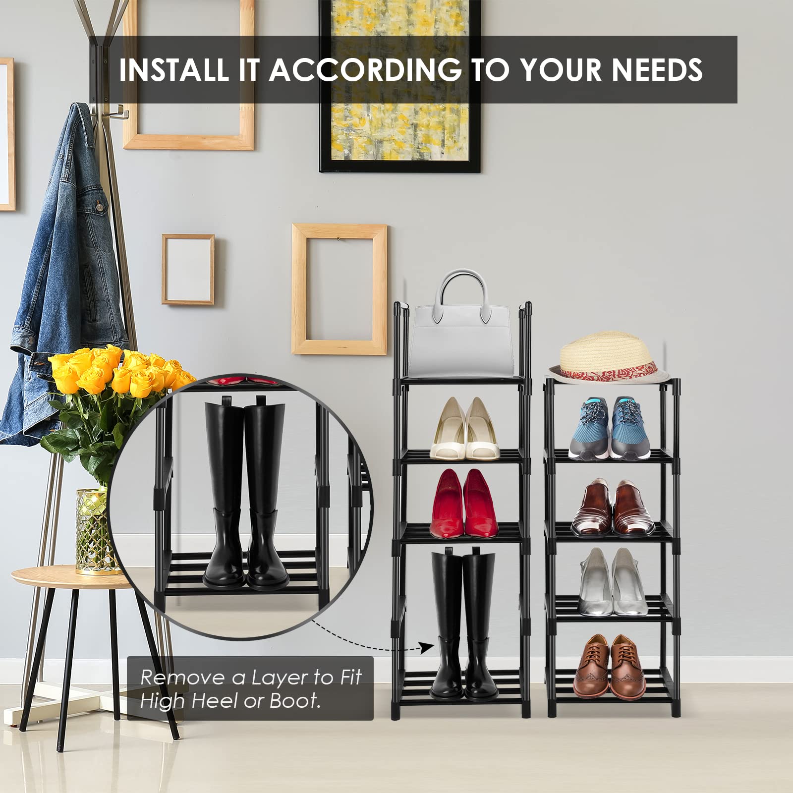 Pitmoly 10-Tier Shoe Rack, Shoe Storage Organizer, Small Narrow Shoe Shelf for Closet, Entryway, Metal Tall Shoe Stand for 10 Pairs of Shoes (Black)