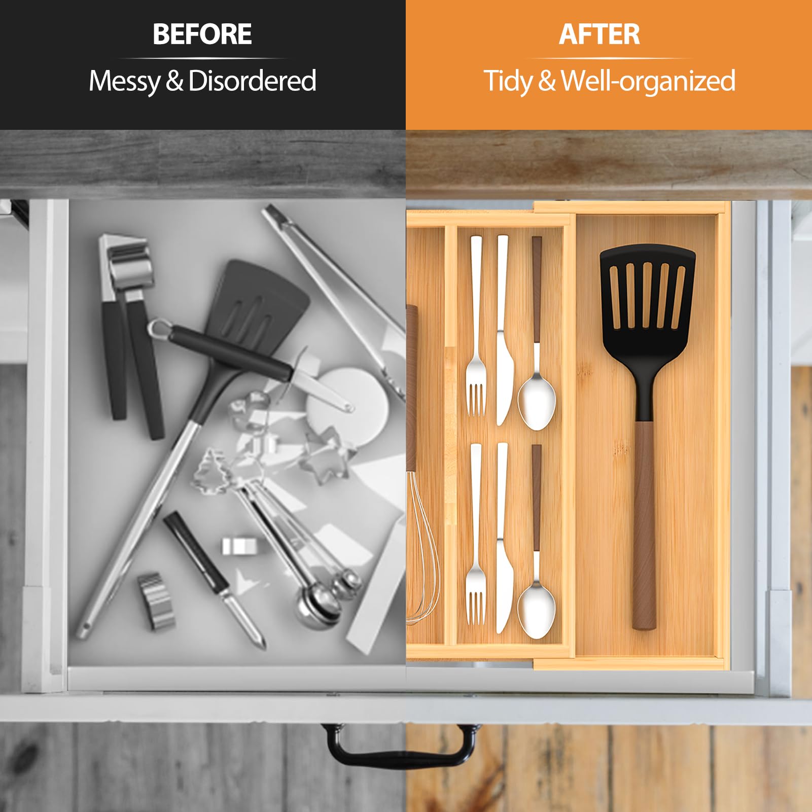 FoverOne Bamboo Expandable Kitchen Drawer Organizer, 13" to 23" Adjustable Utensils and Cutlery Tray, Wood Drawer Organizer for Silverware Flatware
