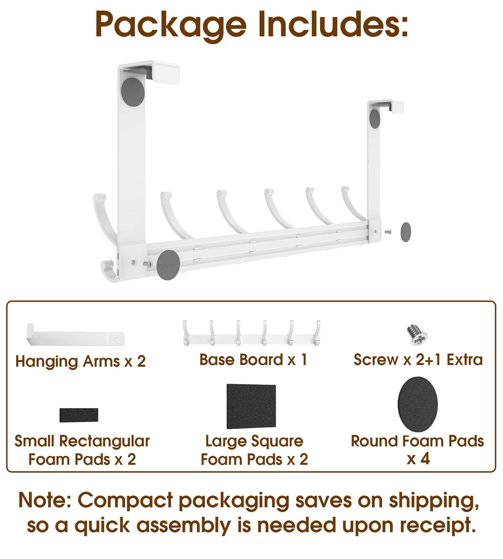 KitchLife Over The Door Hooks, Thickened Double Hanger with 7" Extended Brackets, Fits 1 3/8" Doors, FC, Bathroom Bedroom Towel Rack Organization, 1 Pack Glossy White with 12 Hooks