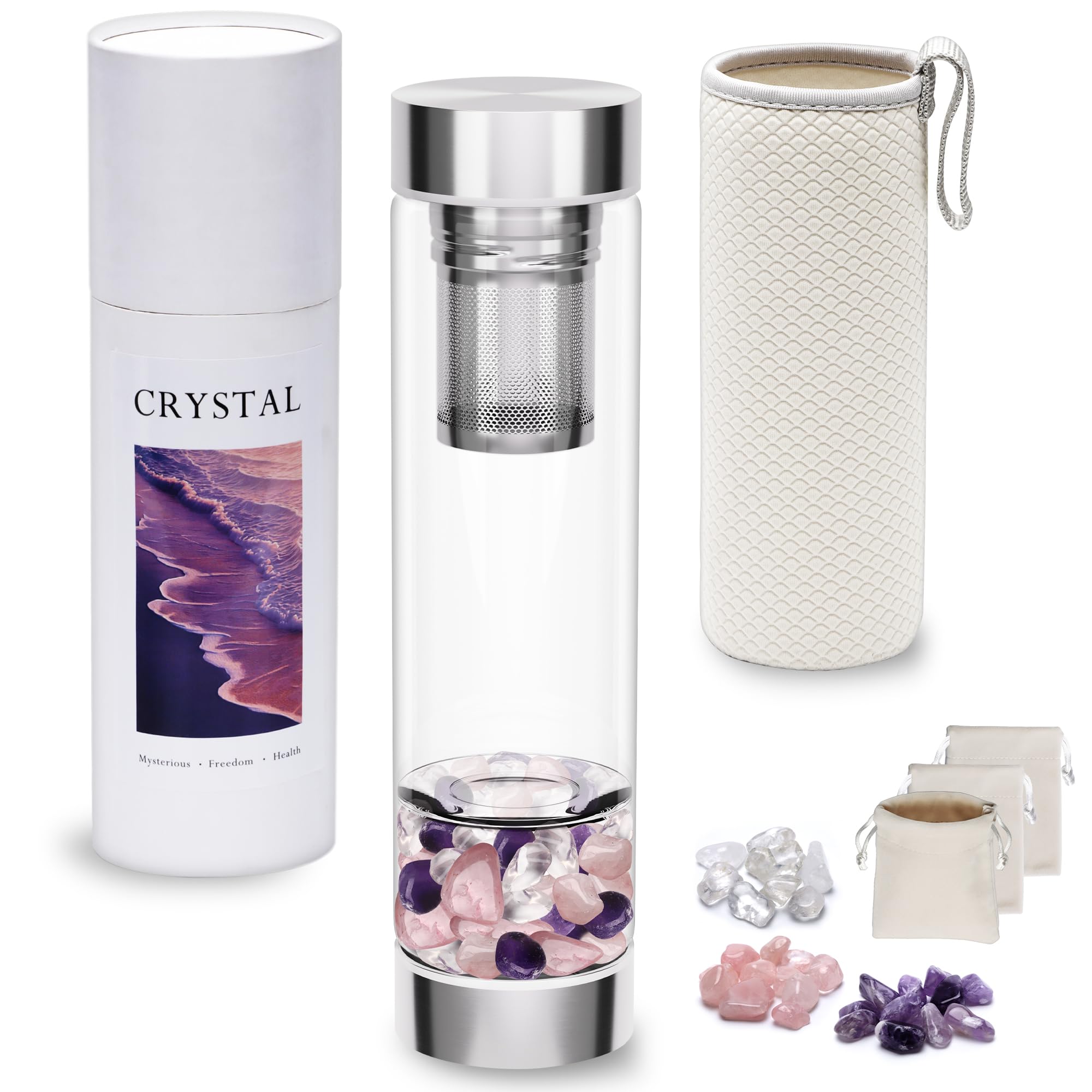 DiDiBirDi 500ml Crystal Water Bottle with Removable Strainer - Includes Amethyst & Rose Quartz Stones, for Tea Lovers