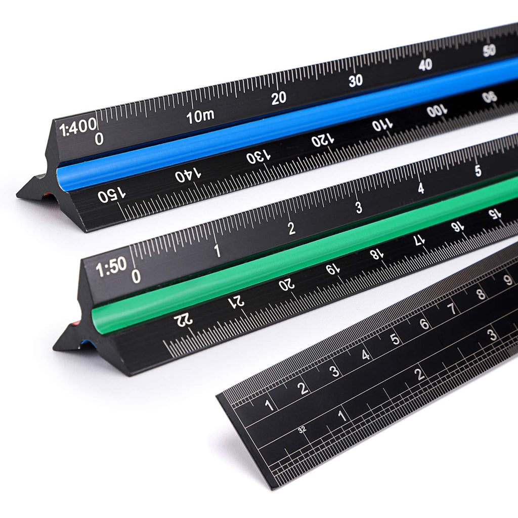 BTSKY 3 Pack 12 Inches Triangular Architectural Engineering Metric Scale Rulers with Standard Metric Conversion Ruler, Aluminum Scale Measuring Ruler Tool,Black with Red,Green,Blue