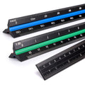 BTSKY 3 Pack 12 Inches Triangular Architectural Engineering Metric Scale Rulers with Standard Metric Conversion Ruler, Aluminum Scale Measuring Ruler Tool,Black with Red,Green,Blue