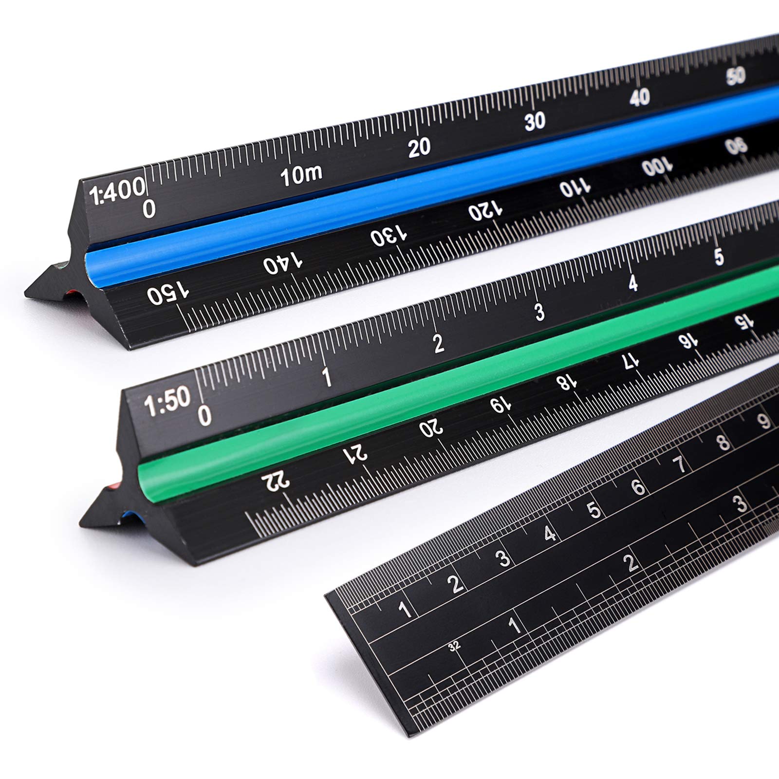 BTSKY 3 Pack 12 Inches Triangular Architectural Engineering Metric Scale Rulers with Standard Metric Conversion Ruler, Aluminum Scale Measuring Ruler Tool,Black with Red,Green,Blue