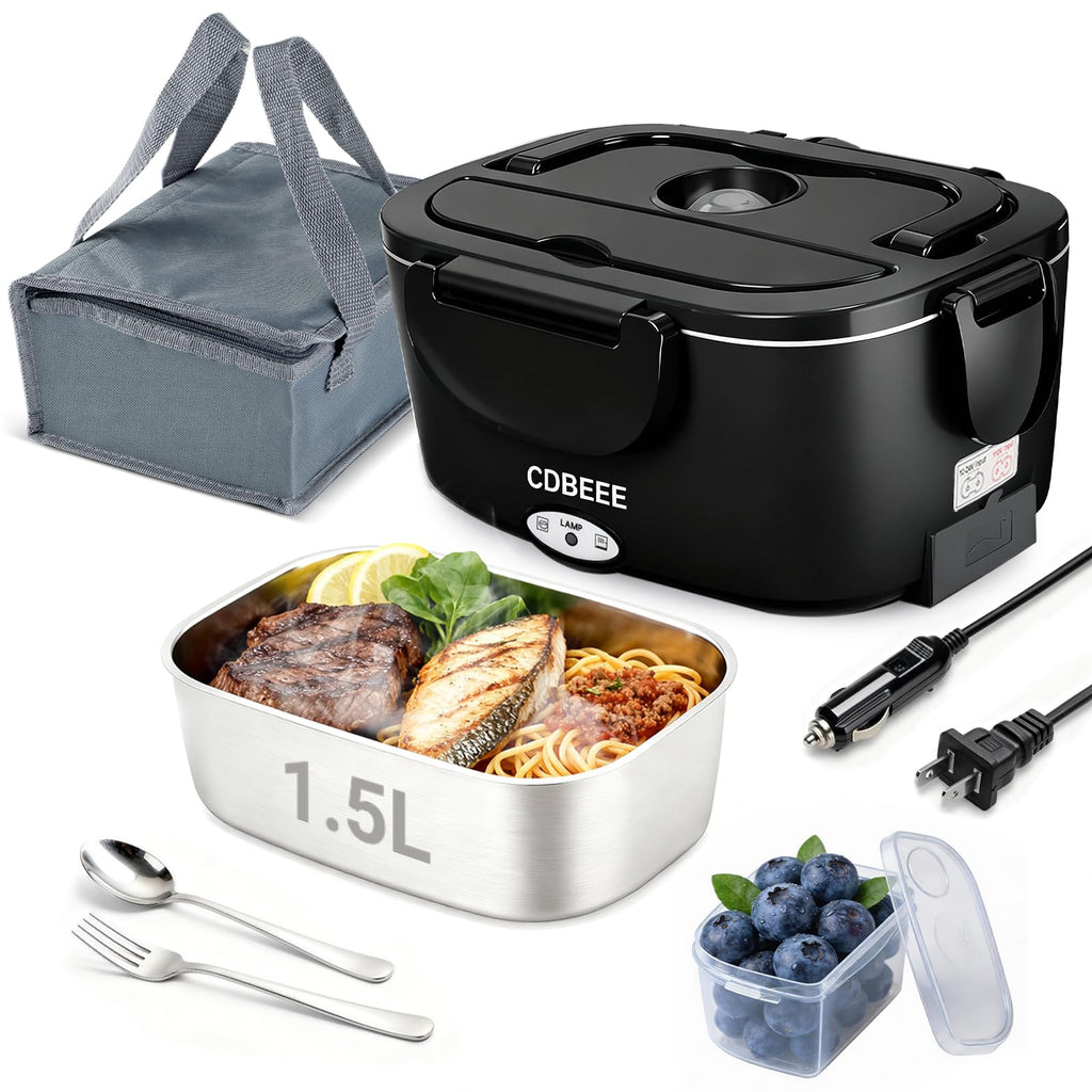 Electric Lunch Box Food Heater| 80W Rapid Heating 3-in-1 (Car 12V/24V & Home 110V) | 1.5L Portable Food Warmer Leak-Proof 304 Stainless Steel | Perfect for Work, Travel, On-The-GO (1.5L-Black)